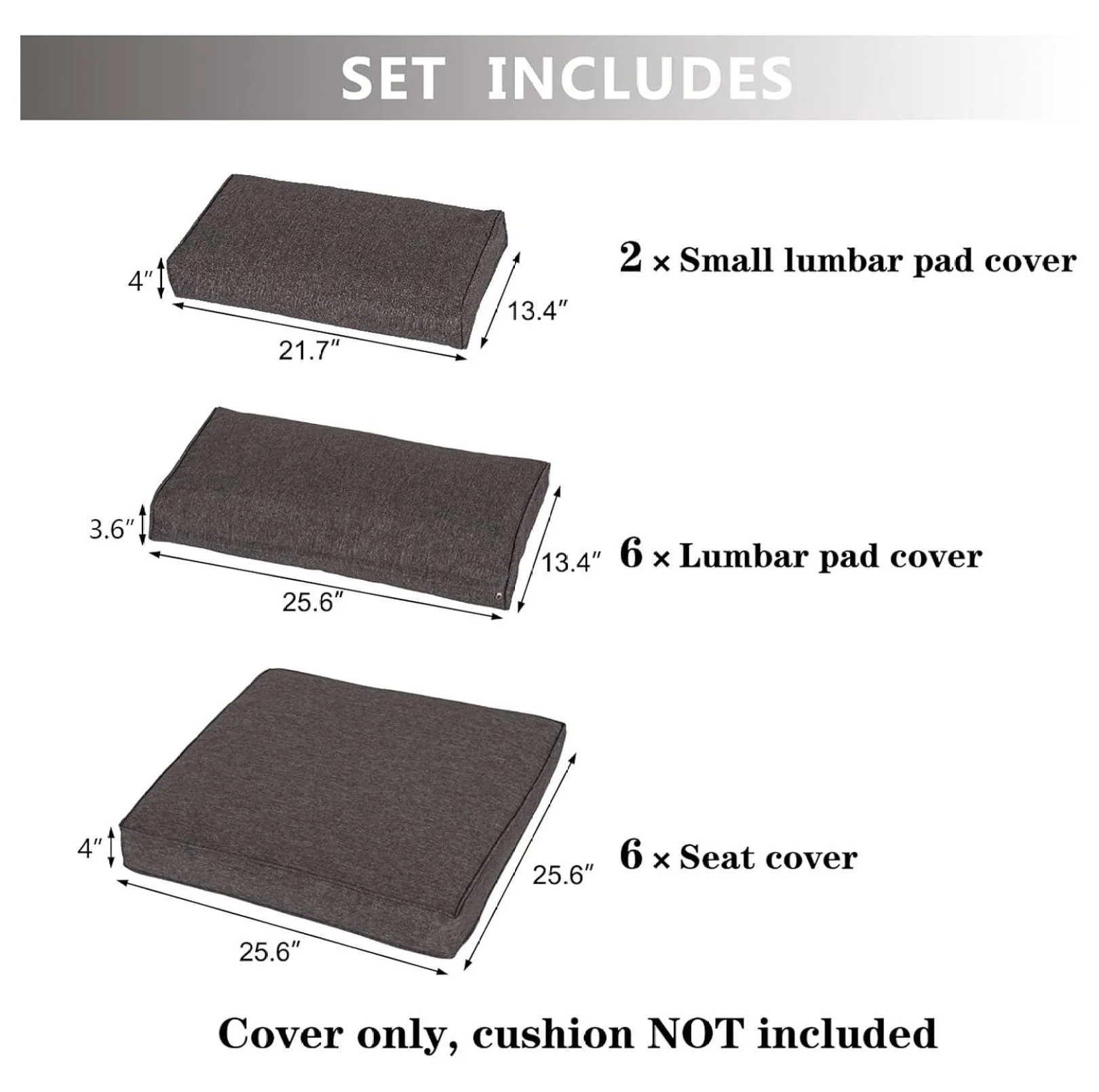 Patio Cushion Covers Replacement - 18 Piece Set for Sectional Sofa, Rattan Furniture, Dark Grey, Waterproof, Zippered, Washable Slipcovers