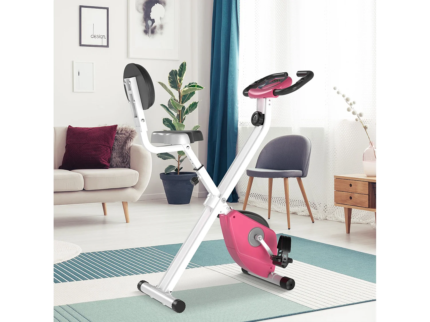 Vélo d'appartement pliable 8 niveaux de résistance magnétique selle réglable dossier écran LCD multifonction capteur fréquence cardiaque rose
