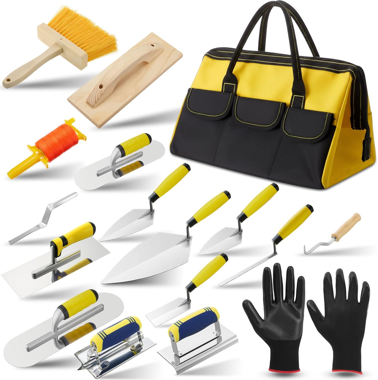 SiliFine 18 Pcs Masonry Trowel Construction Tool Kit with Tool Bag, Includes Putty Knives, Gloves Rebar Hooks, Stainless Steel Tools for Home, DIY, Concrete Masonry Work(Yellow)