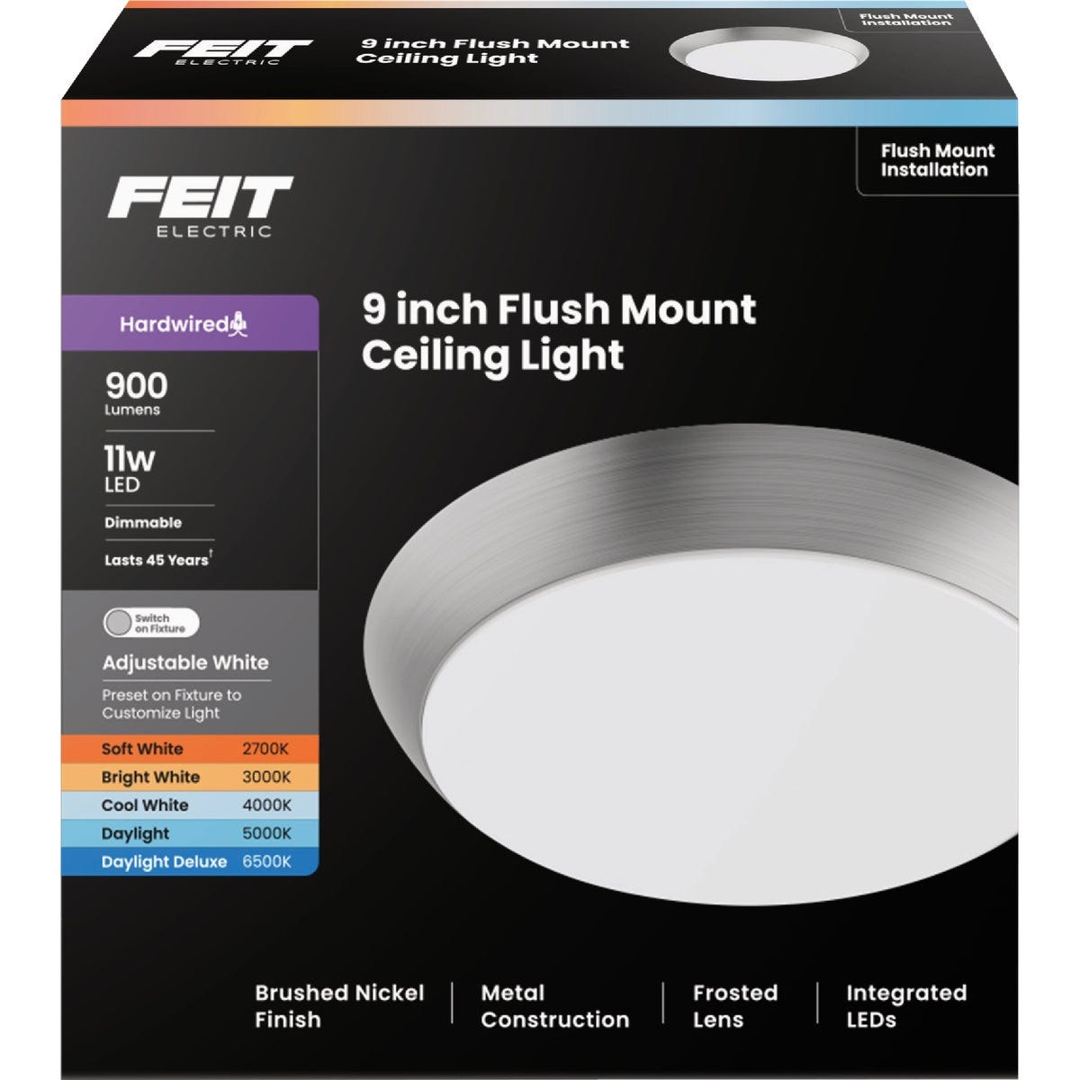 Feit 9 In. Brushed Nickel LED CCT Dimmable Flush Mount Ceiling Light Fixture