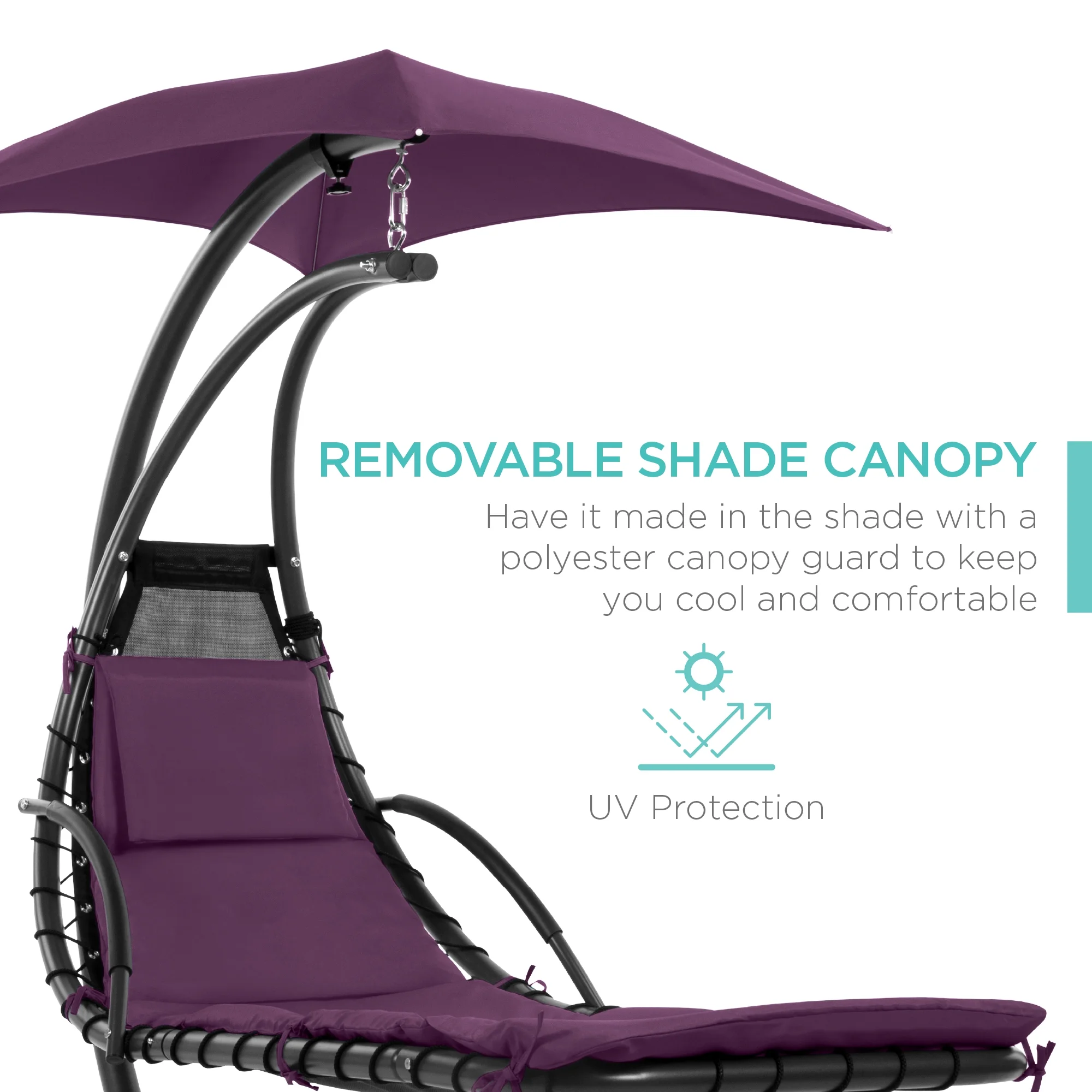 Best Choice Products Hanging Curved Chaise Lounge Chair Swing for Backyard, Patio w/ Pillow, Shade, Stand - Teal - Image 57