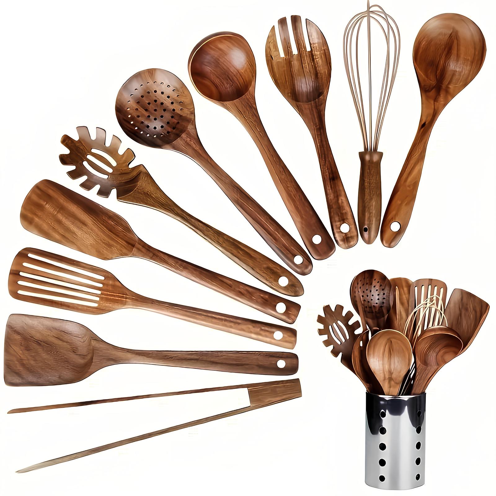 Premium Teakhouten Keukengereiset – 11-delige Set met Houten Houder voor Elegante Kookervaring
