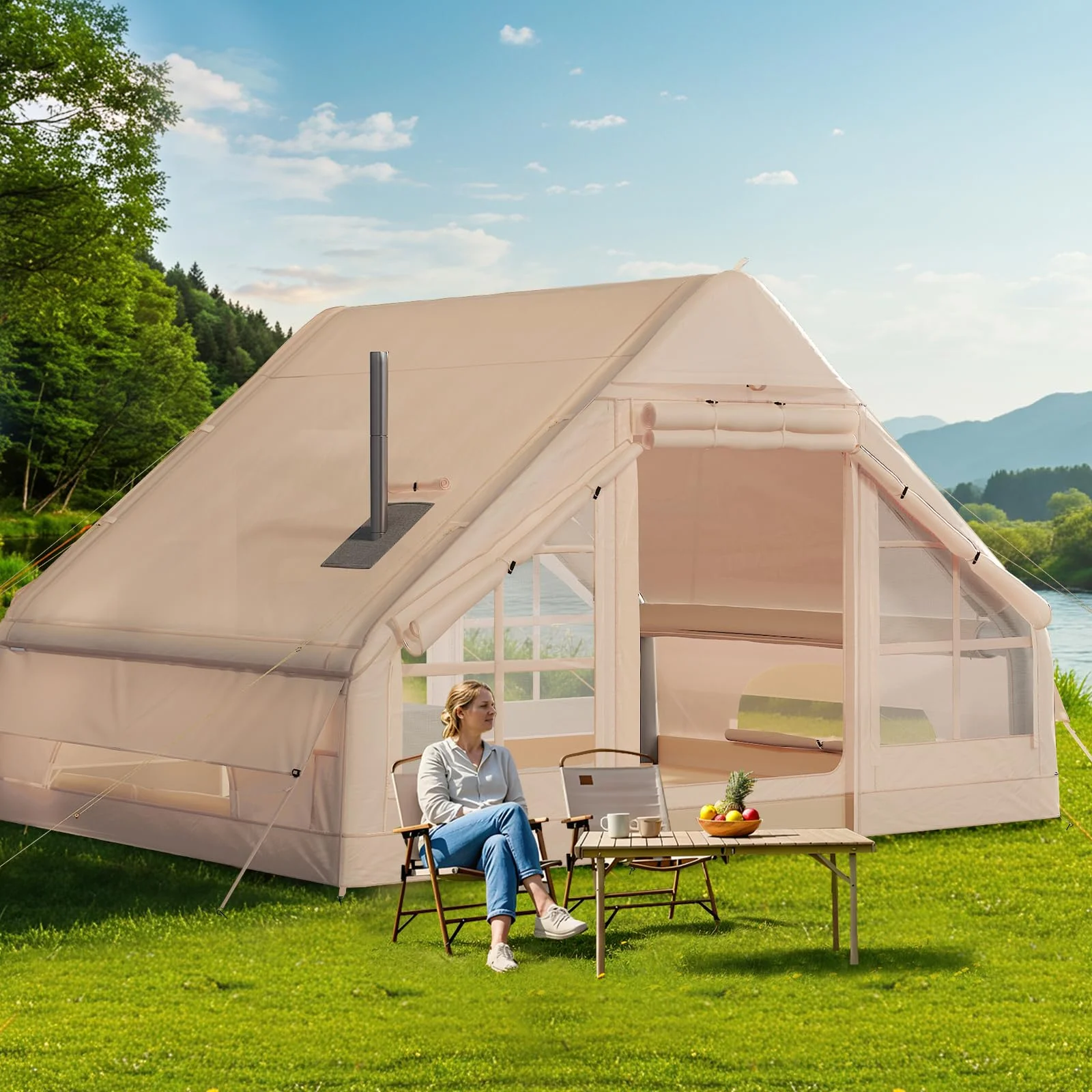 Yoleny 12'x8' Inflatable Tent, 96 SFT Blow Up Tent for Camping, 4 Season Oxford Glamping Tents with Clear Skylight, Pump & Stove Jack - Image 34