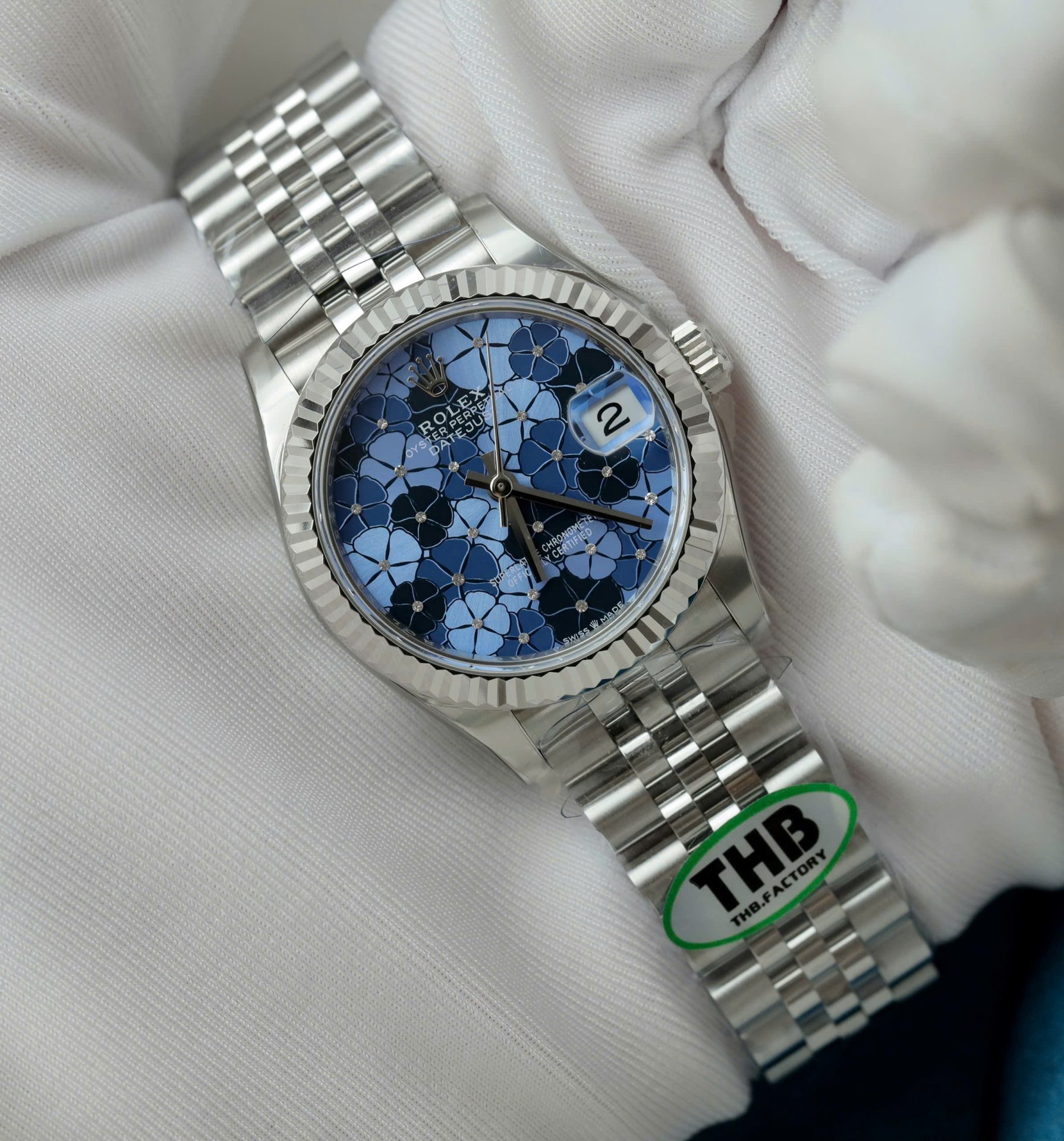 Rolex DateJust Replica Watch Women Blue Flower Dial THB Factory 31mm - Elite Watch Atelier