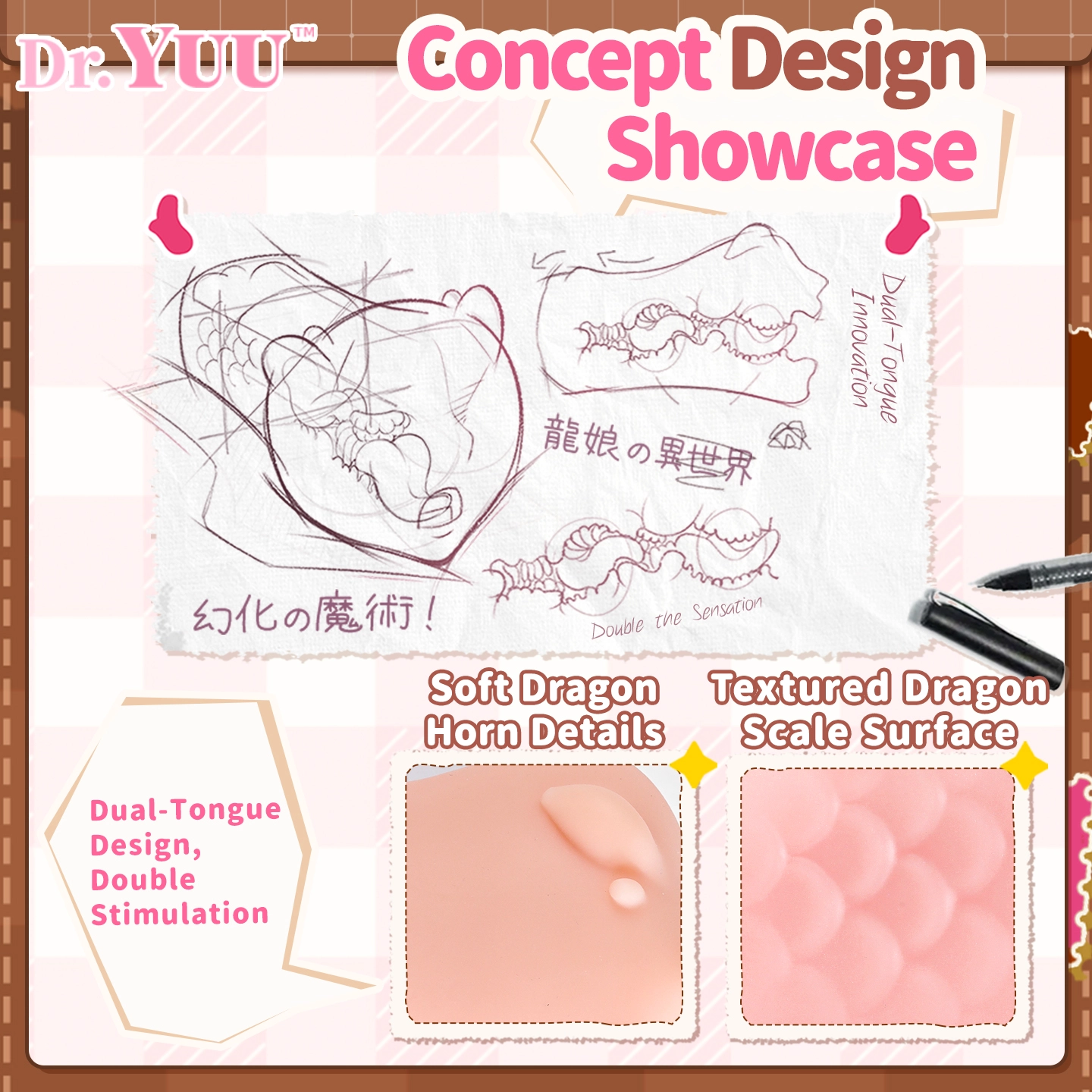 Original concept design sketch of the Dr.YUU dragon waifu double tongue oral masturbator