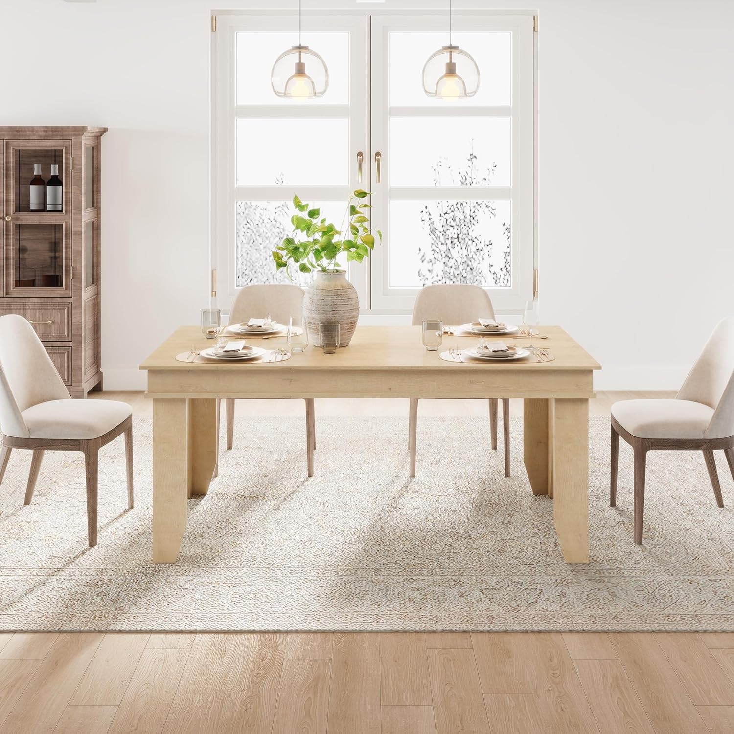 GarveeHome Farmhouse Dining Table for 4-6 People, 63 in Long Kitchen Tables with Wooden Sturdy Frame, 5 ft Large Rectangular Dinner Table for Dining Room, Kitchen, Natural, 63