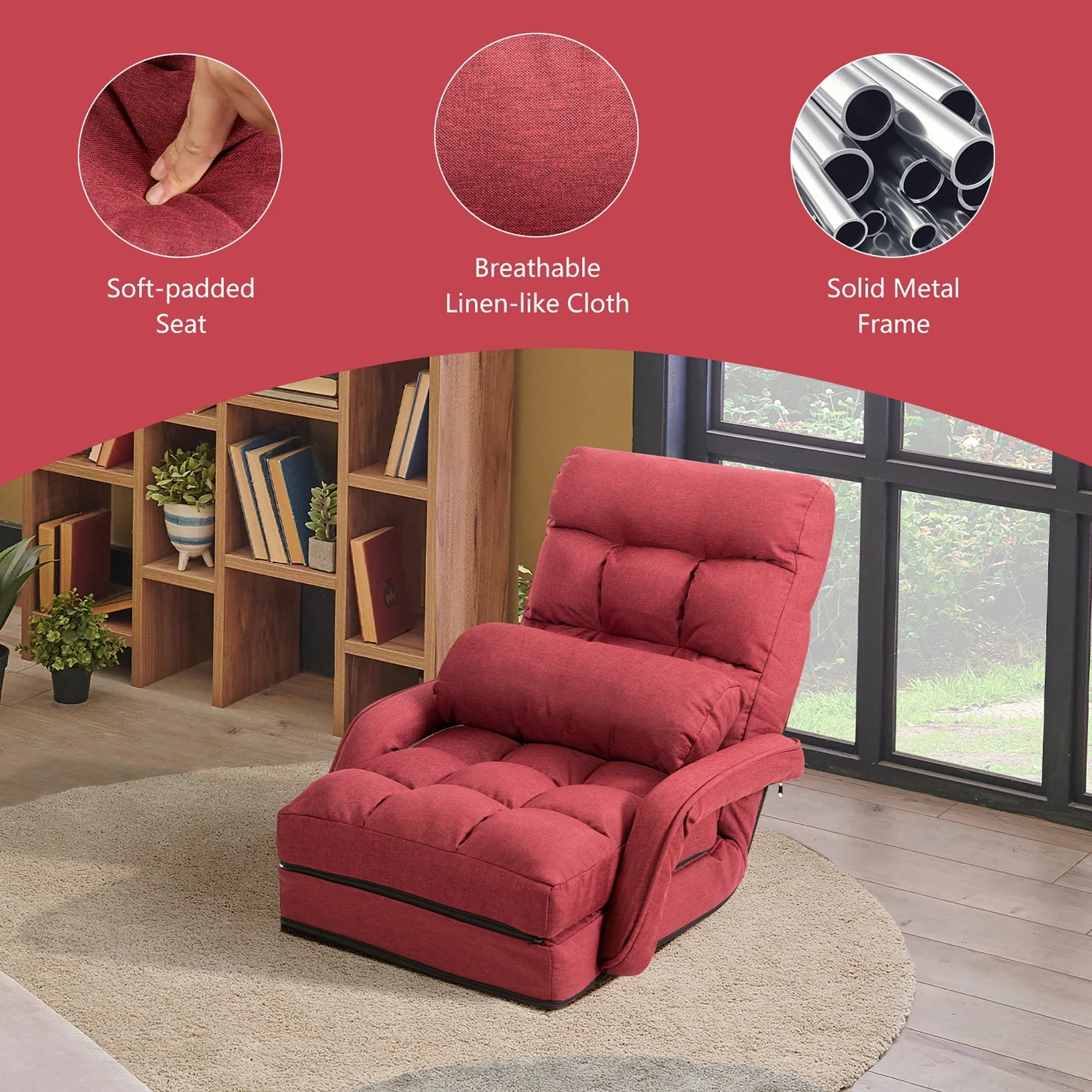 Costway Folding Floor Armchair w/ 6-position Adjustable Back & Lumbar Pillow Red - Image 11