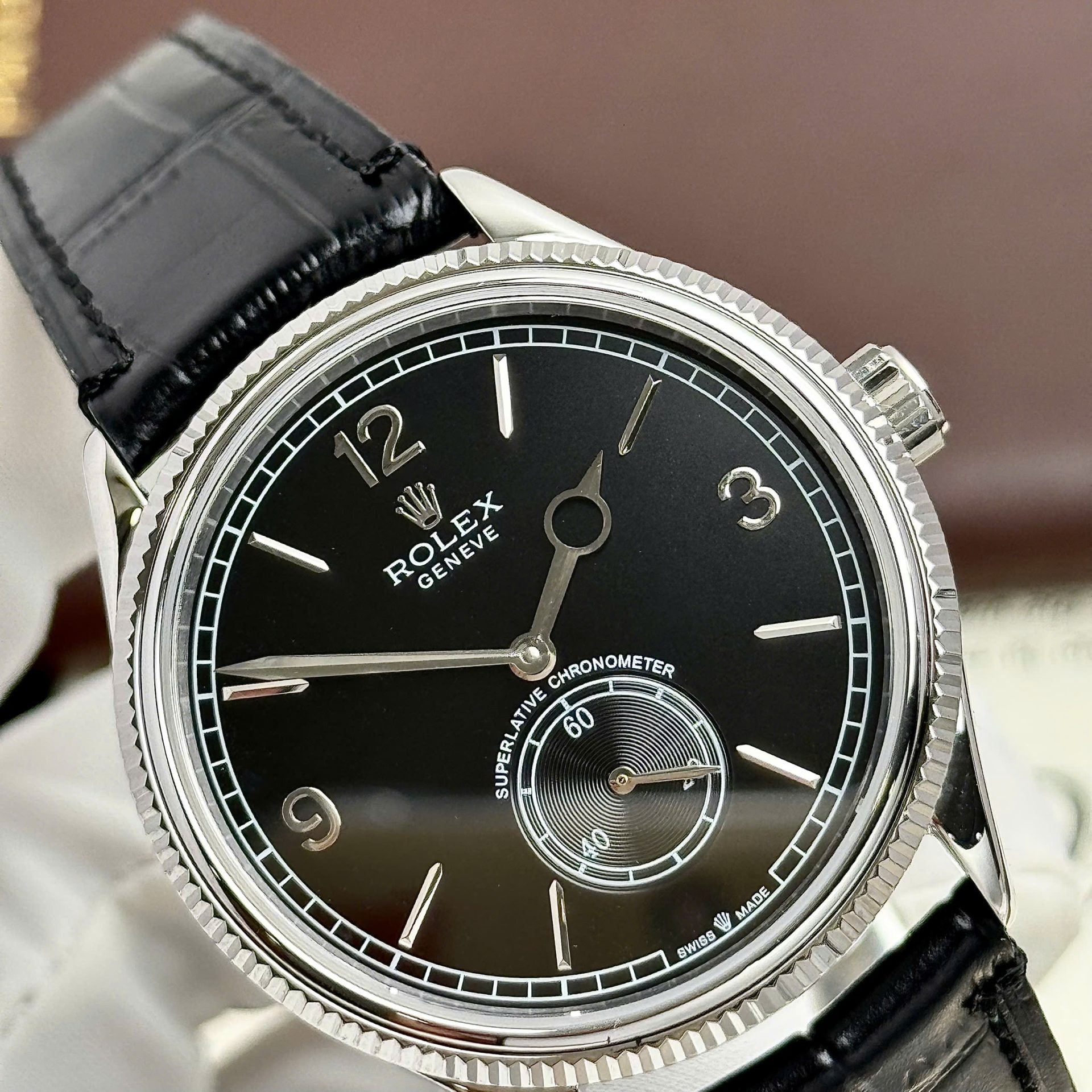 Rolex Perpetual 1908 Clone Watches Black Dial Leather Strap 39mm - Elite Watch Atelier