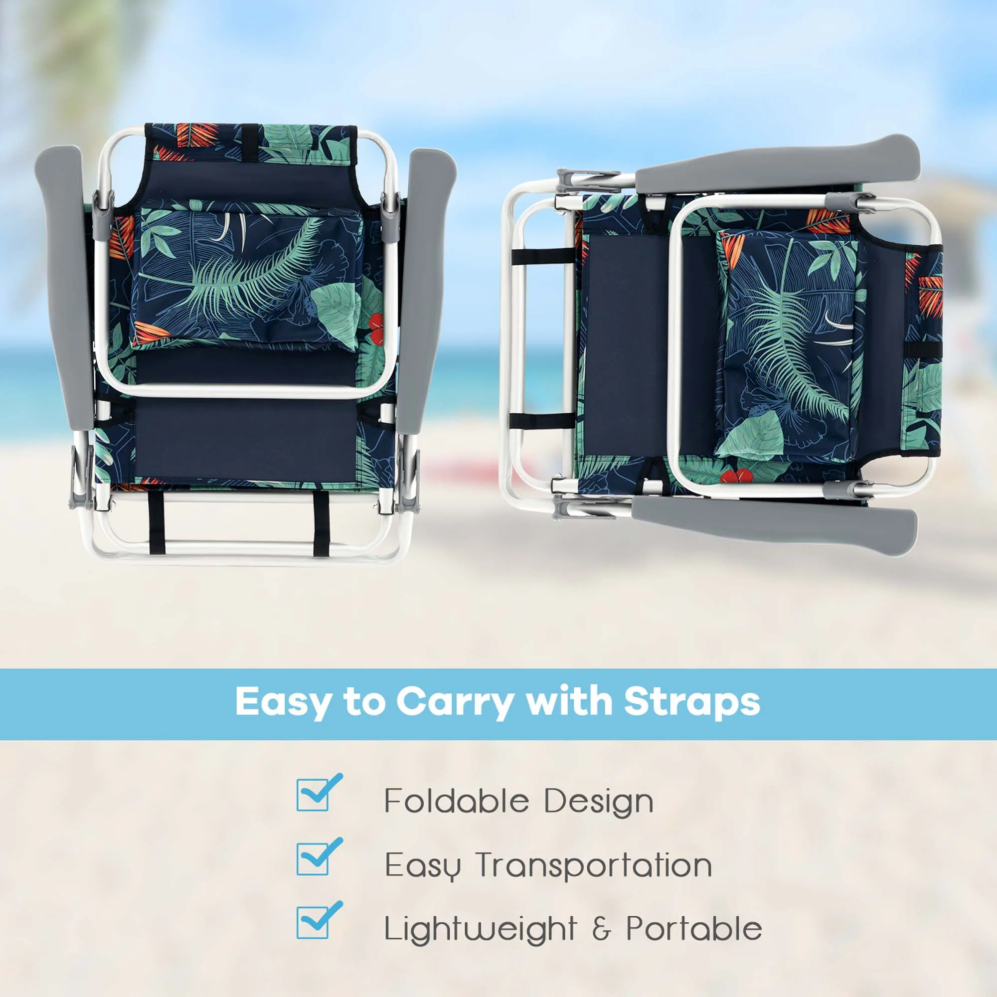 Costway 2-Pack Folding Backpack Beach Chair Table Set 5-Position Outdoor Reclining Chair Pink - Image 44