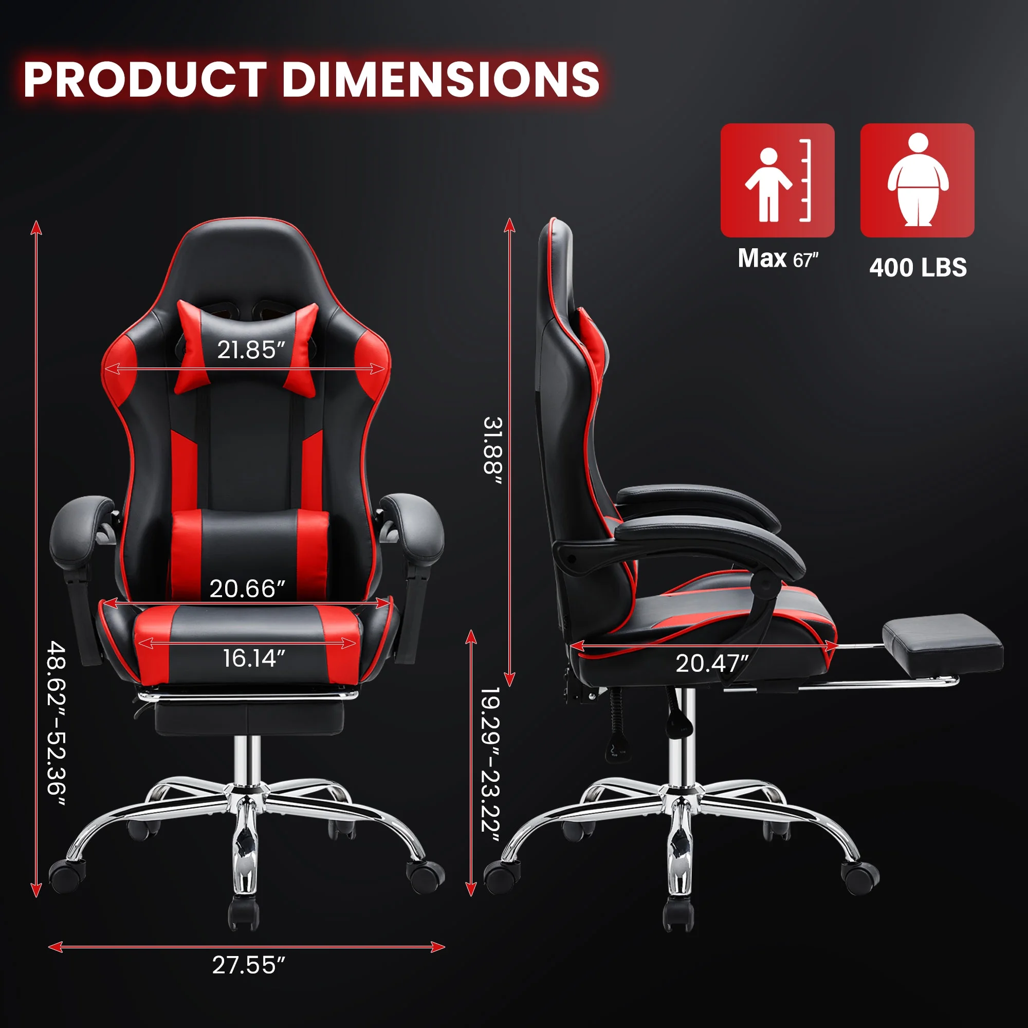 JONPONY Big and Tall Gaming Chair, Ergonomic Design, Gamer Chair PU Leather with Footrest and Lumbar Support, High Back Office Chair Support 8 Hours Long Sitting, Computer Chair,Black Red