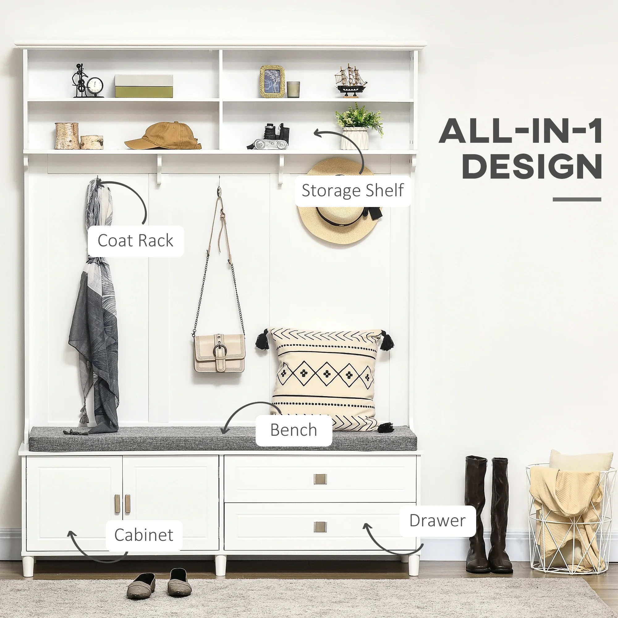 HOMCOM Hall Tree with Storage Bench, Entryway Bench with Coat Rack, Accent Coat Tree with Storage Shelves, Cabinet and Drawers for Hallway, Mudroom, White - Image 4