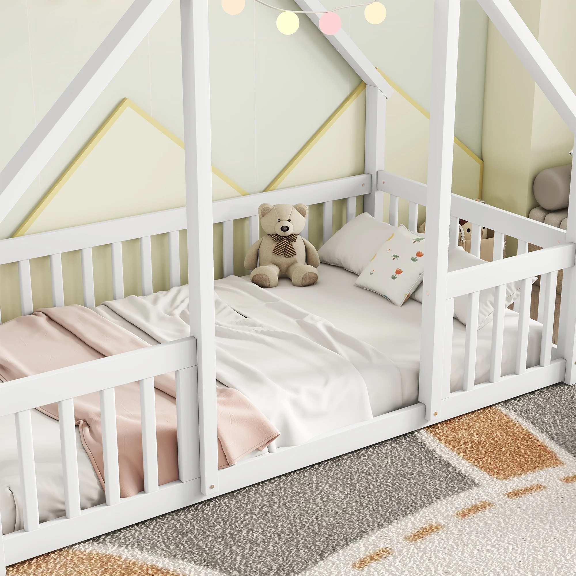 Bellemave Twin Size Floor Bed Frame, Wooden House Bed Twin Size with Fence, Montessori Bed with Guardrails for Bedroom (White) - Image 10