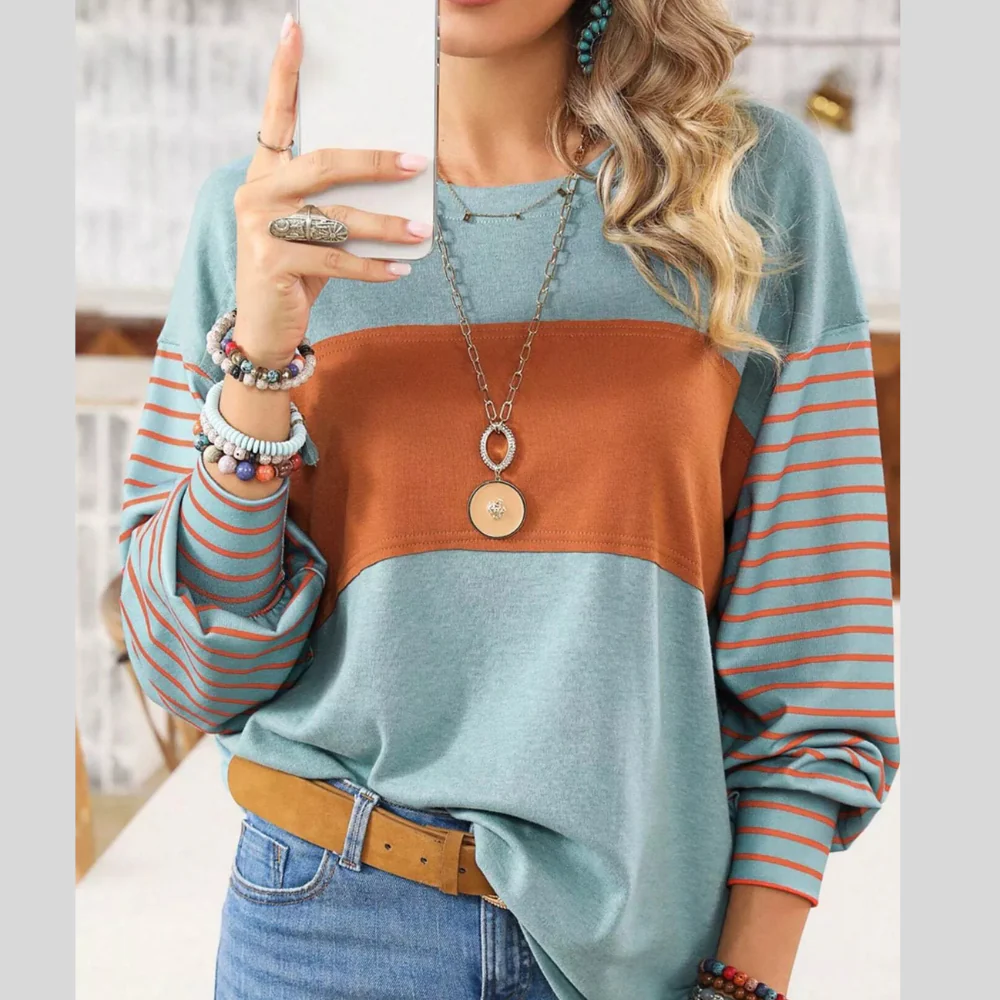 Striped Color Block Long Sleeve T-Shirt - ZKZOOK
