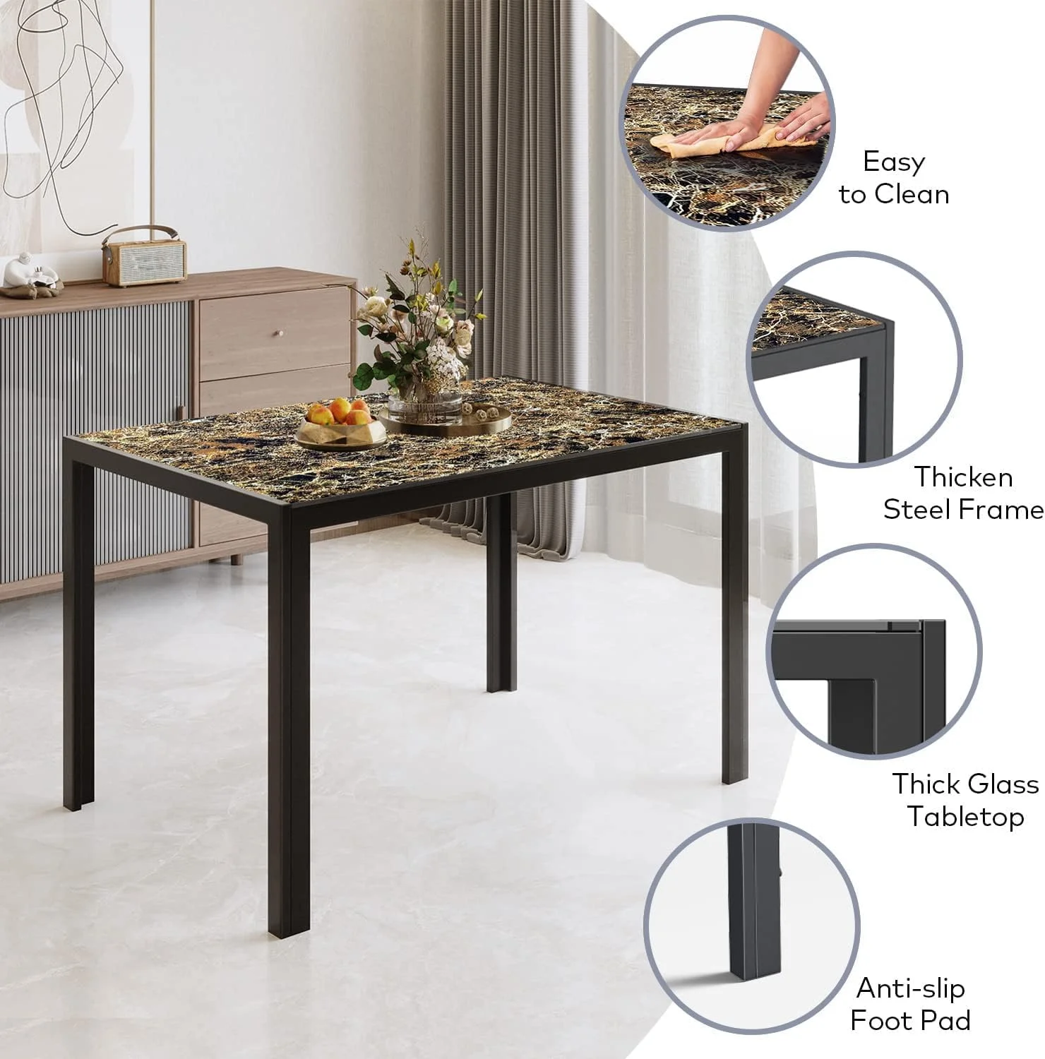 Asofer Modern 7 Piece Dining Table Sets for 6, Glass Kitchen Table, PU Leather Chair, Dining Room, Black - Image 27