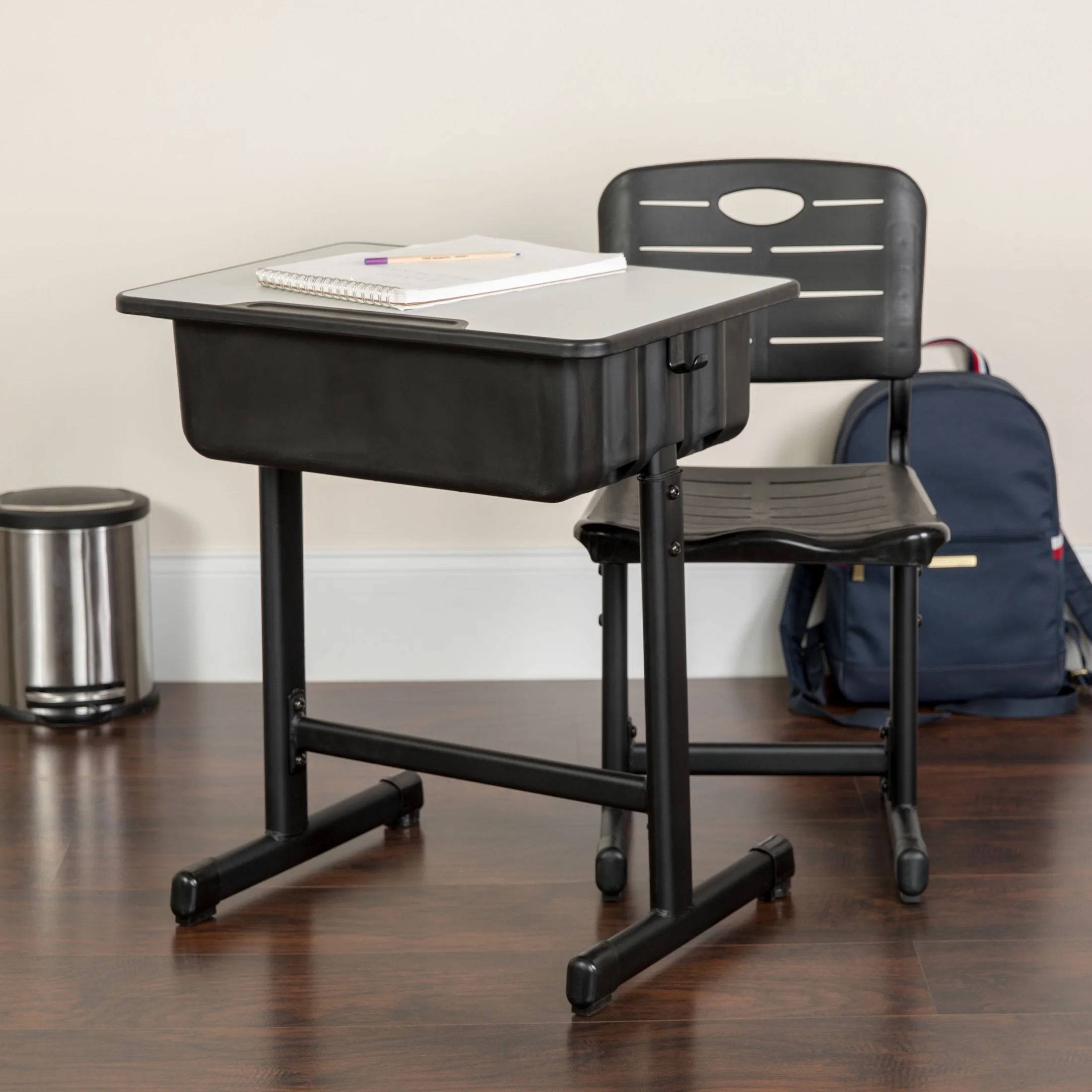 Flash Furniture Adjustable Height Classroom Student Desk with Chair and Book Box, Gray/Black