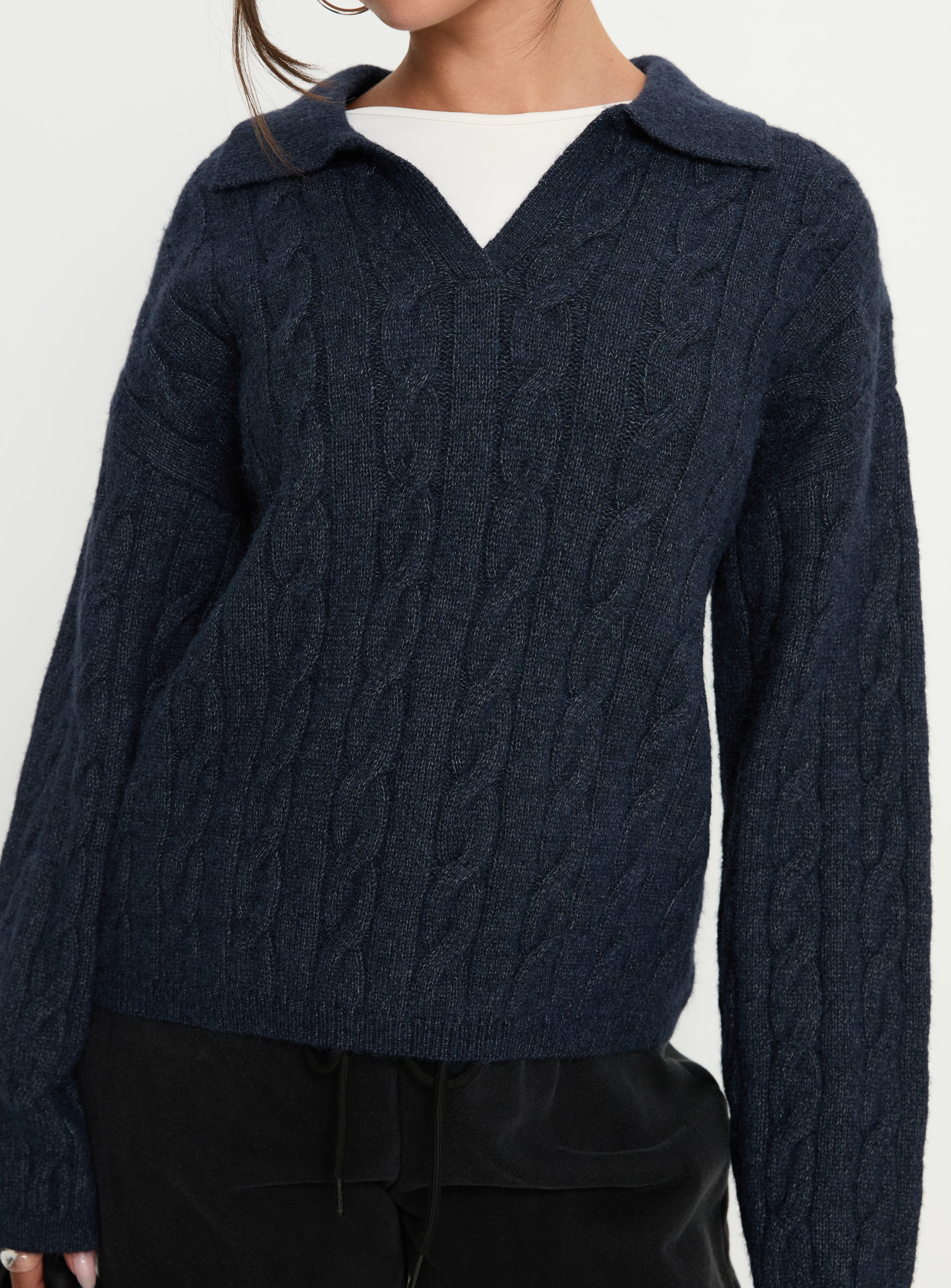 Princess Polly Brodey Collared Cable Knit Sweater Navy