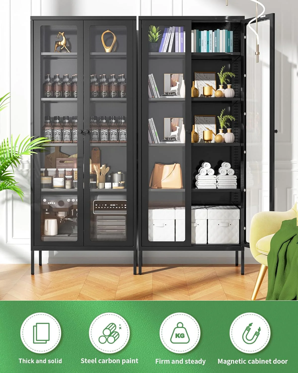 SUNCROWN Metal Storage Cabinet, Curio Display Cabinet with 2 Glass Display Door and 4 Shelves, Side Storage Organize, Modern Bookshelf Cabinet for livingroom, Bedroom, Kitchen, Black - Image 6