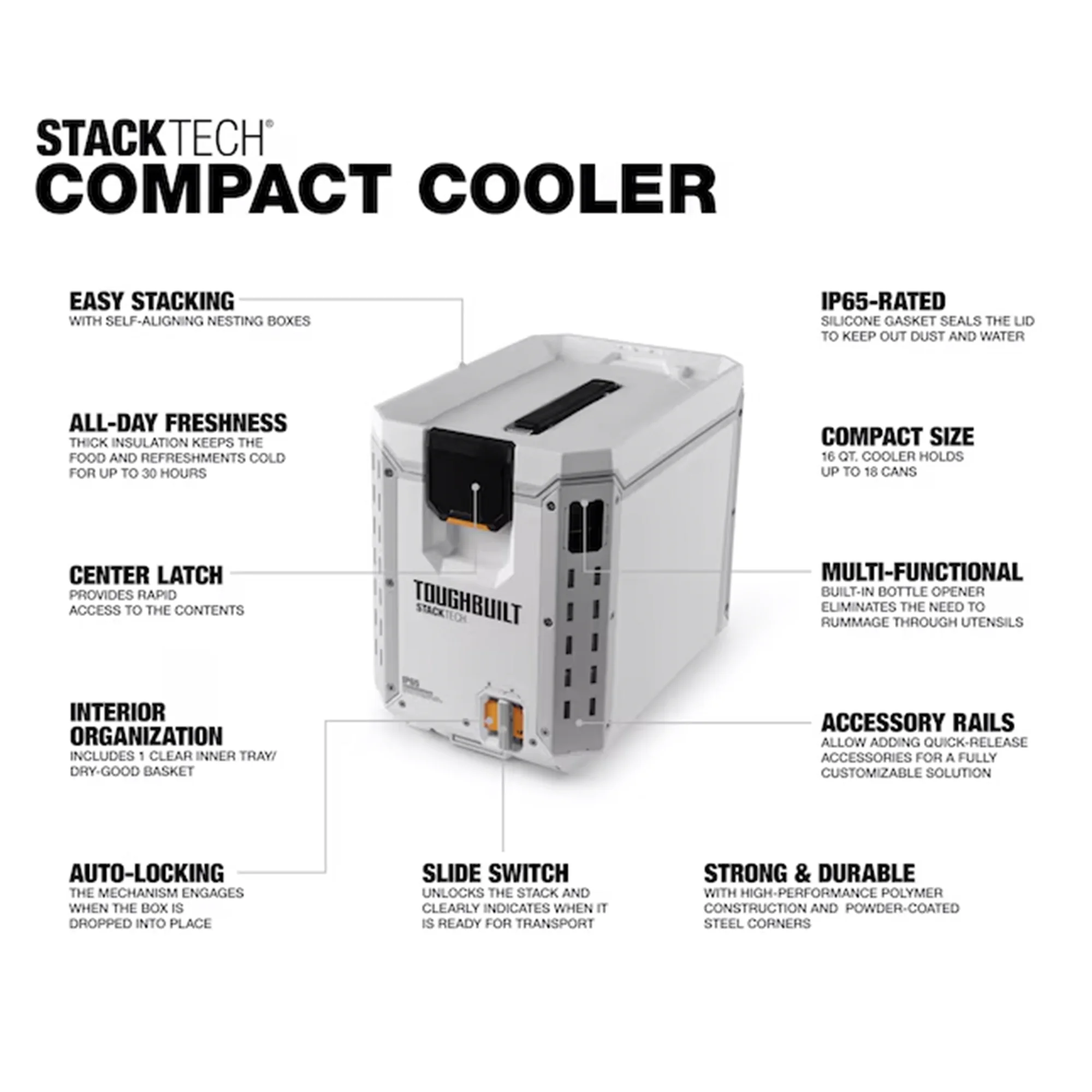 ToughBuilt StackTech Compact Cooler, Stackable 16 Quart Hard Shell Ice Chest, White - Image 2