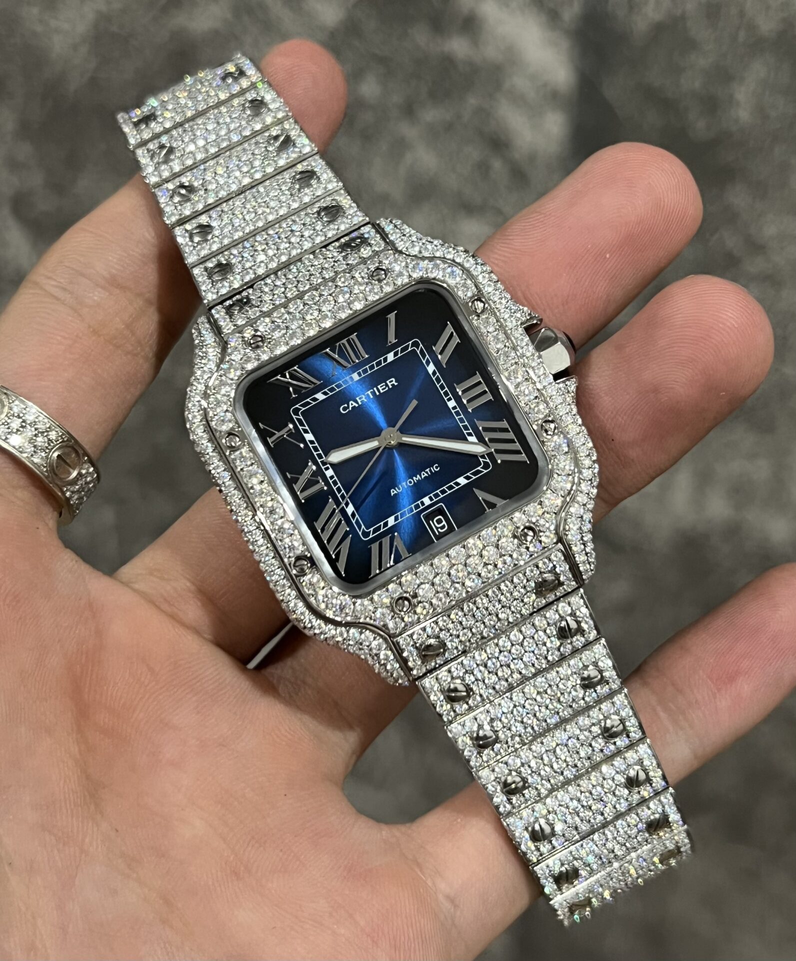 Cartier Santos Best Replica Watch Custom Moissanite Diamonds Blue Dial 39.8mm - Elite Watch Atelier
