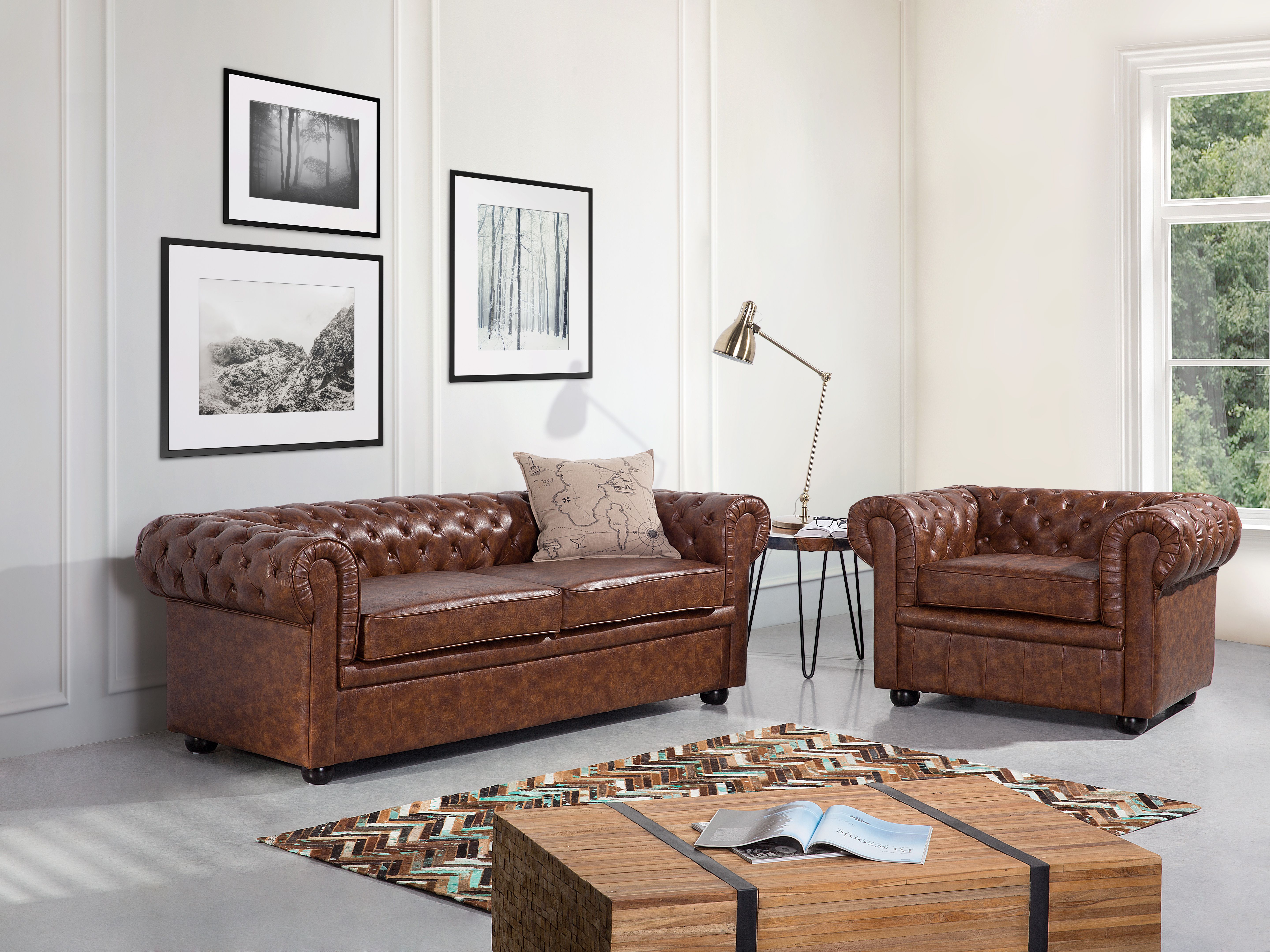 Sofa 3 Seater CHESTERFIELD Faux Leather Golden Brown