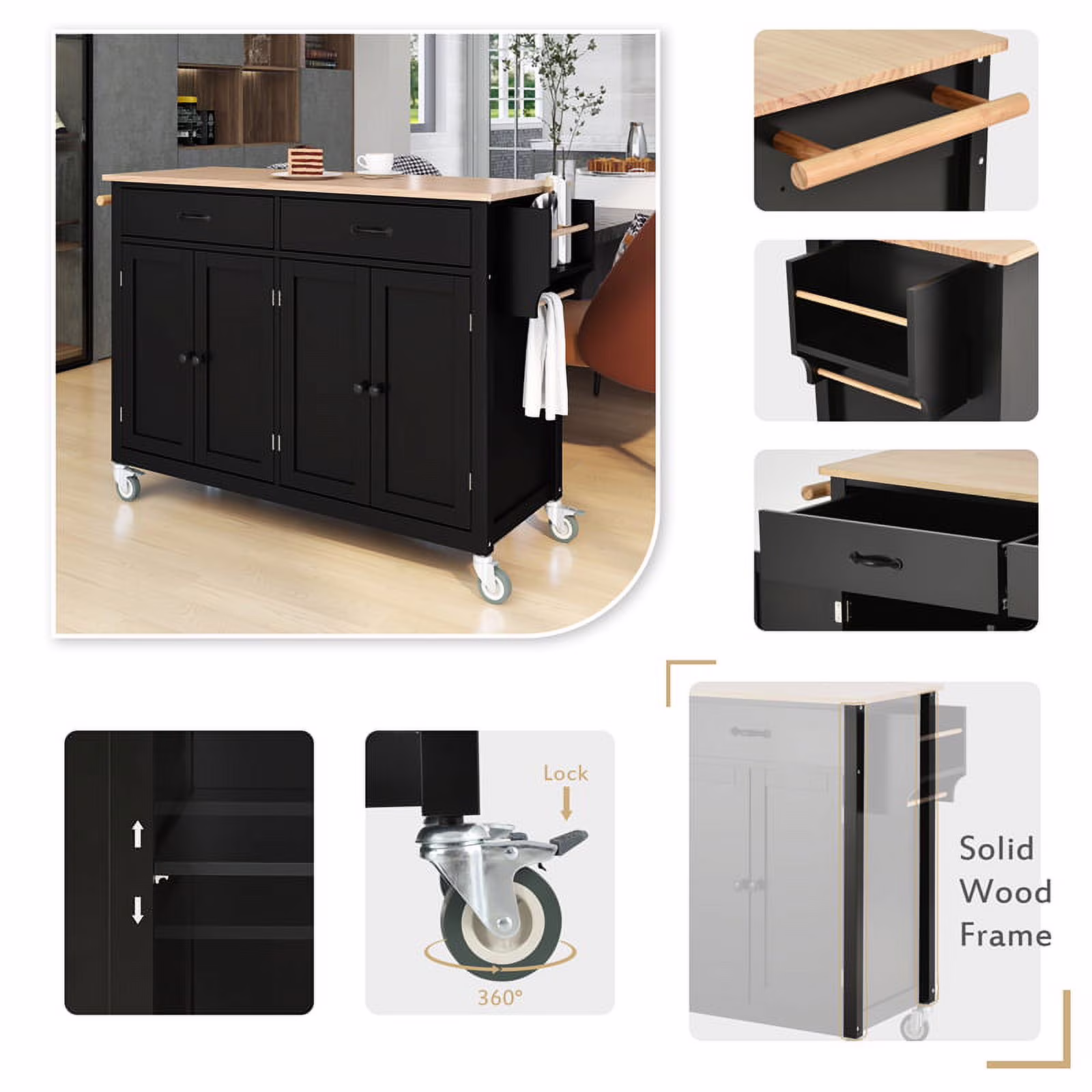 Kitchen Storage Islands&Carts with Solid Wood Top and Locking Wheels, Kitchen Island Cart with 4 Door Cabinet and Two Drawers, Kitchen Cabinets for Kitchen and Dining Room, Green - Image 3