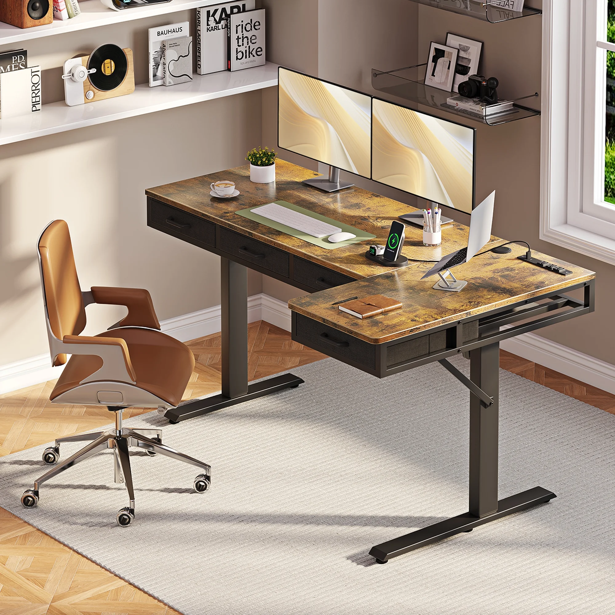 Electric Standing Desk with Drawers, 63 Inch Height Adjustable Desk with Power Outlets, Sit Stand Table, Writing Computer Desk for Home, Office, Workstation, Rustic Brown