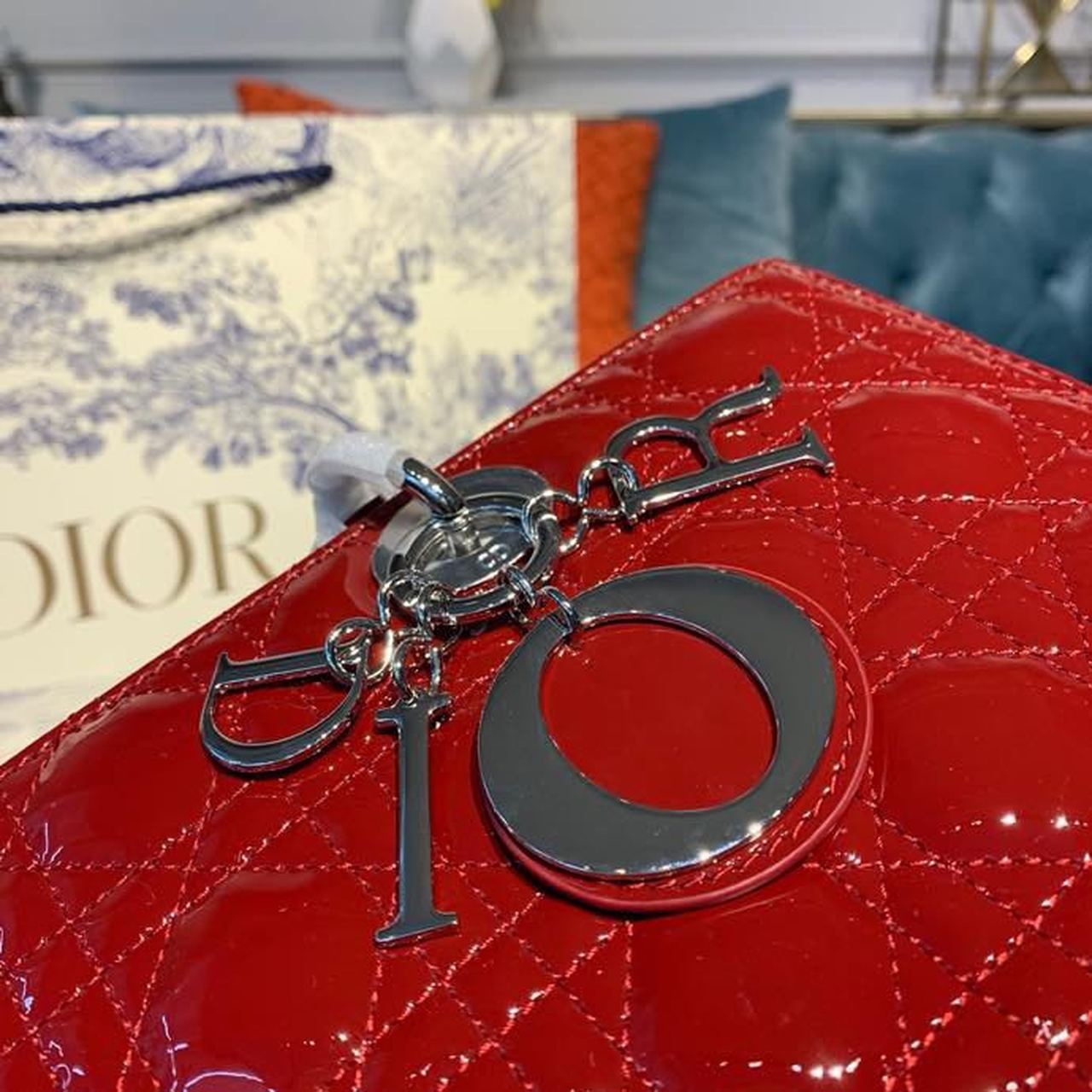 Christian Dior Large Lady Dior Bag Silver Hardware Cherry Red Patent For Women 12.5in/32cm CD1:1High-quality replica