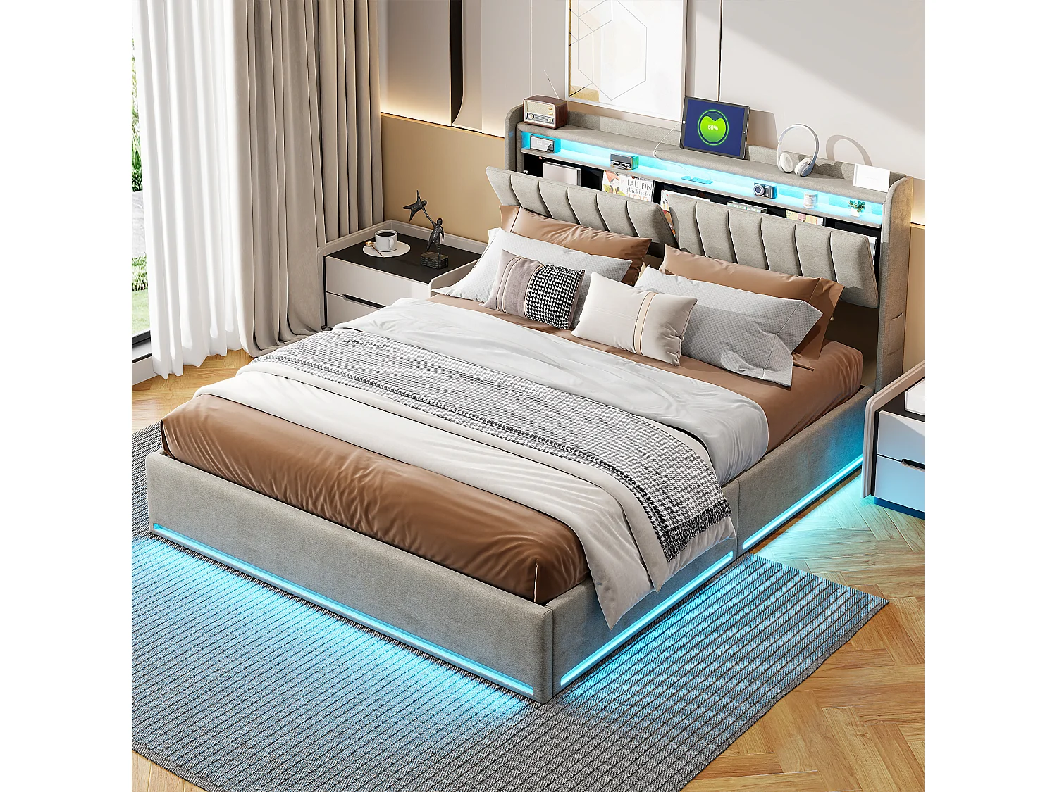 Lit rembourré 160×200 cm avec LED, recharge USB, sommier à lattes hydraulique et rangement – Lit double pour jeune