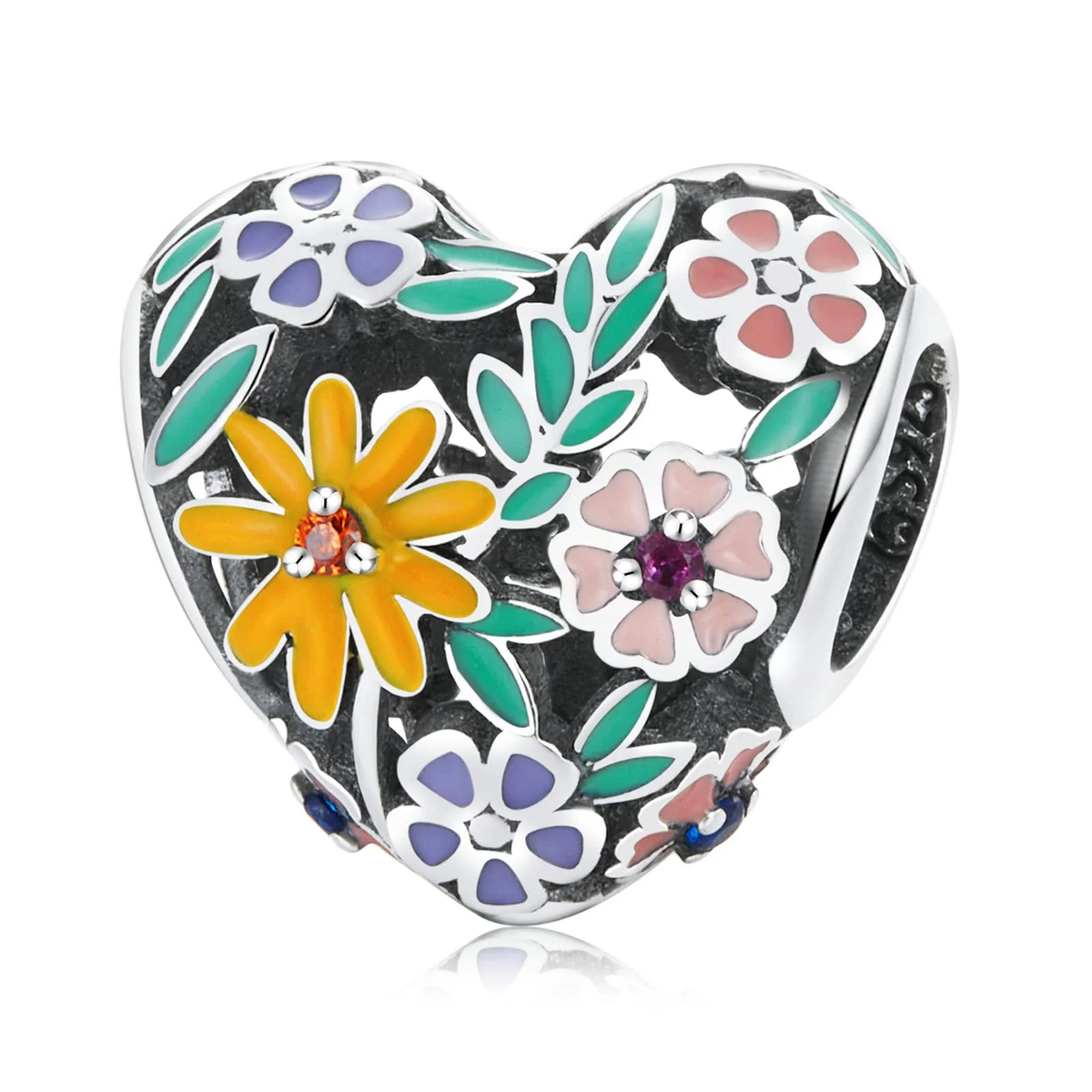 Heart-shaped Colorful Flowers Charms Bead 925 Sterling Silver Sparkling Nature Flower Green Leaves Love Charm Pendant for Bracelet Necklace Making Dainty Jewelry Gift for Women Girls