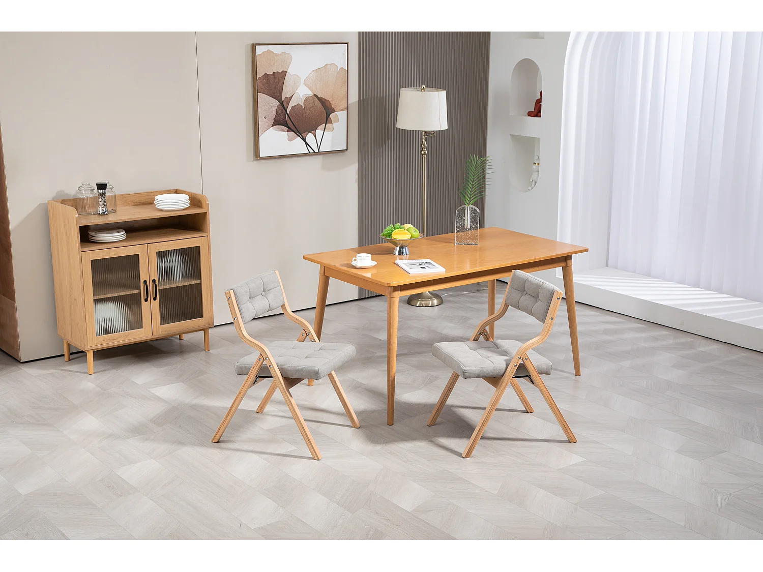 Lot de 2 chaises pliantes avec coussin - Gris et bois