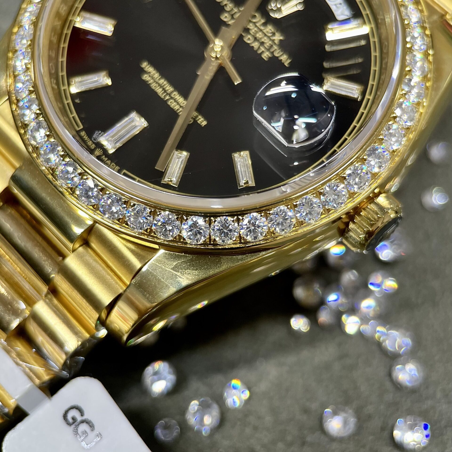 Rolex Day-Date Clone Watch Black Dial Moissanite Diamonds Custom 40mm - Top club