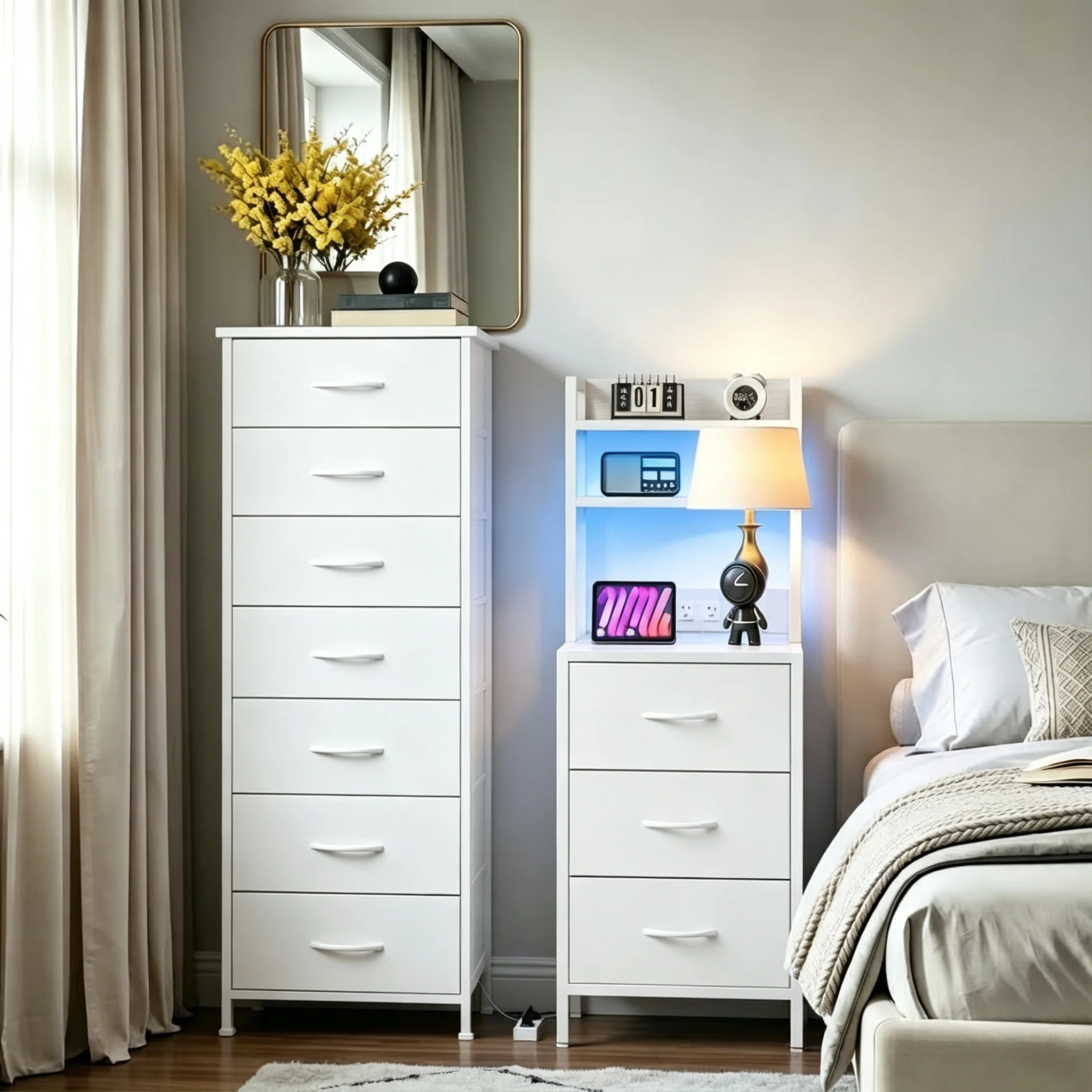 White Tall Nightstand & Dresser Set with Storage, LED & Charging Station
