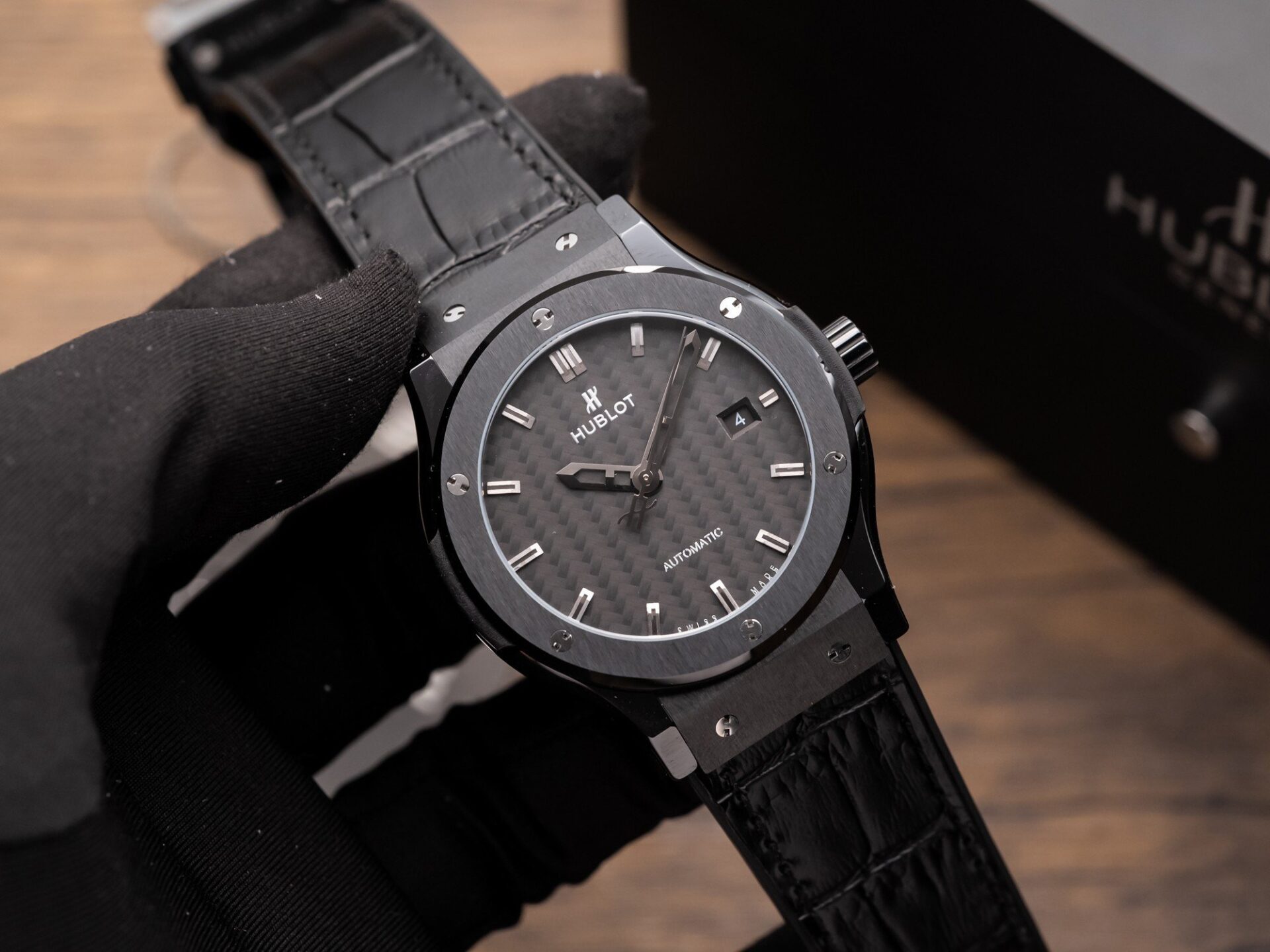 Hublot Classic Fusion Ceramic Carbon Dial Replica Watch Leather Strap GSF 42mm - Elite Watch Atelier