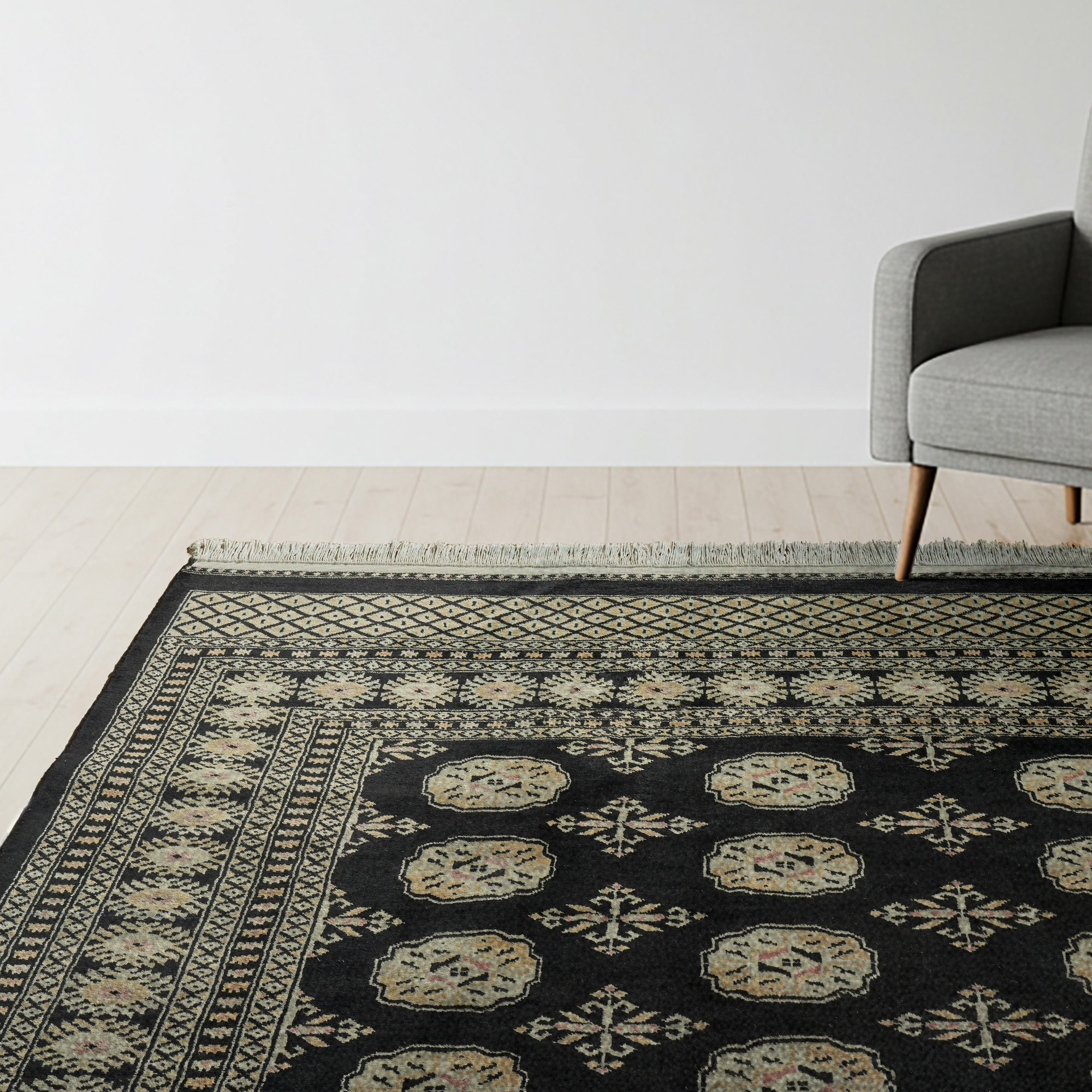 Pakistani Hand Knotted Rug Collection, Classic Bukhara Cumra Black - Image 2