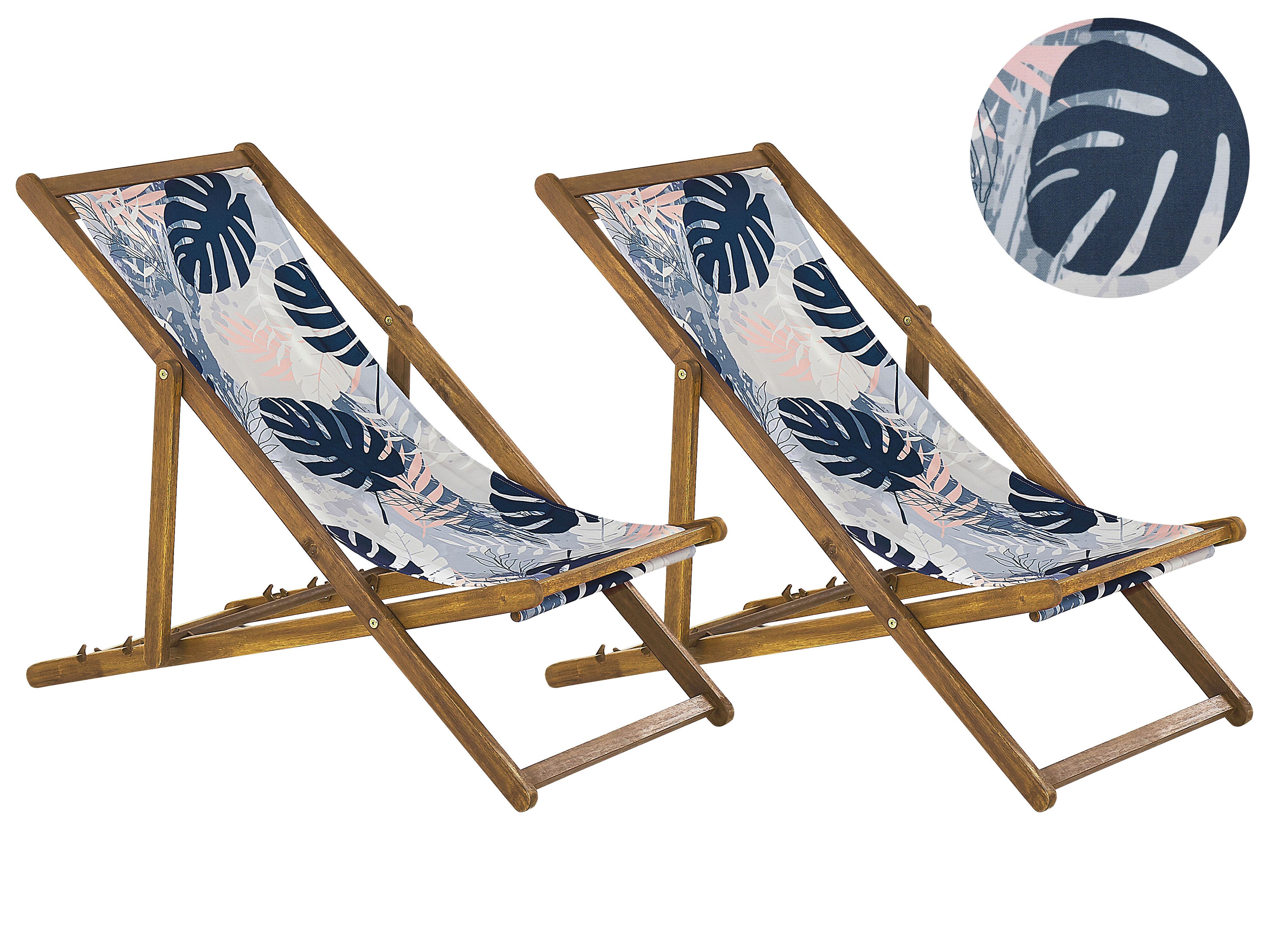 Set of 2 Folding Deck Chairs ANZIO with Replacement Fabrics Floral Motif Acacia Wood Light Brown