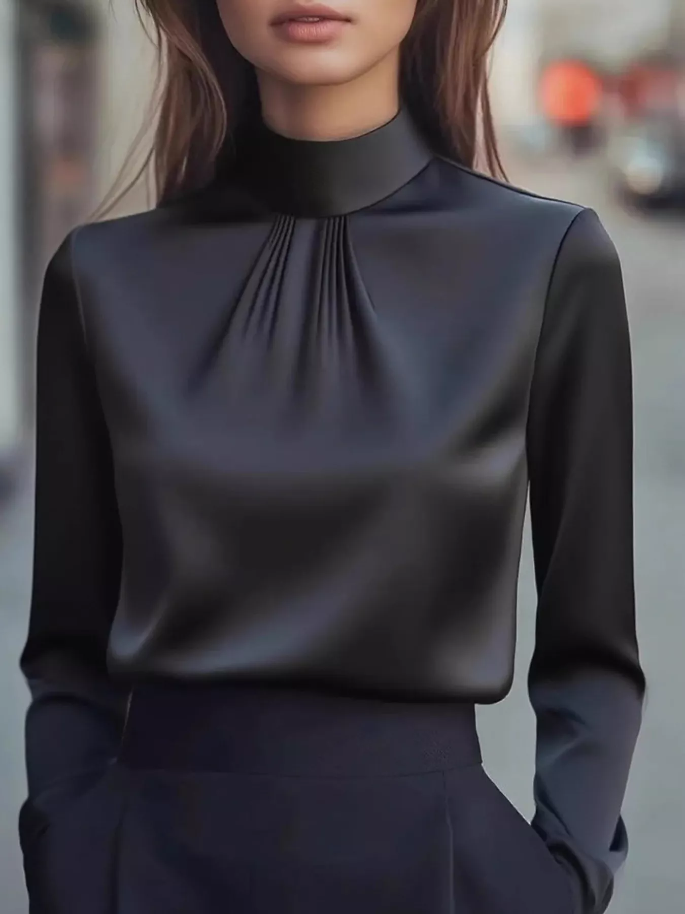 Mock Neck Long Sleeve Blouse with Pleated Detail - ZKZOOK