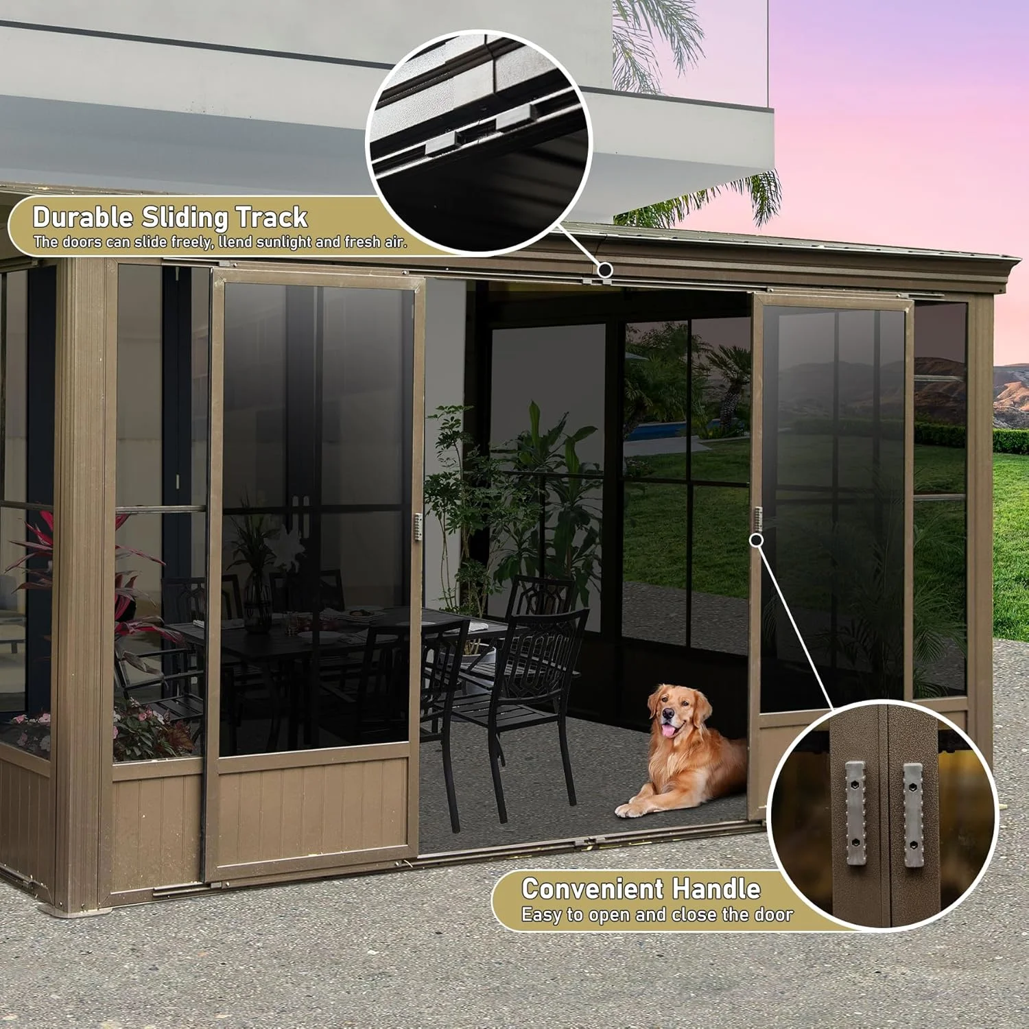 TOTAL Outdoor 10'x12' All-Season Sunroom Gazebo with Steel Roof, PVC Screen, Front & Side Door, Brown - Image 4