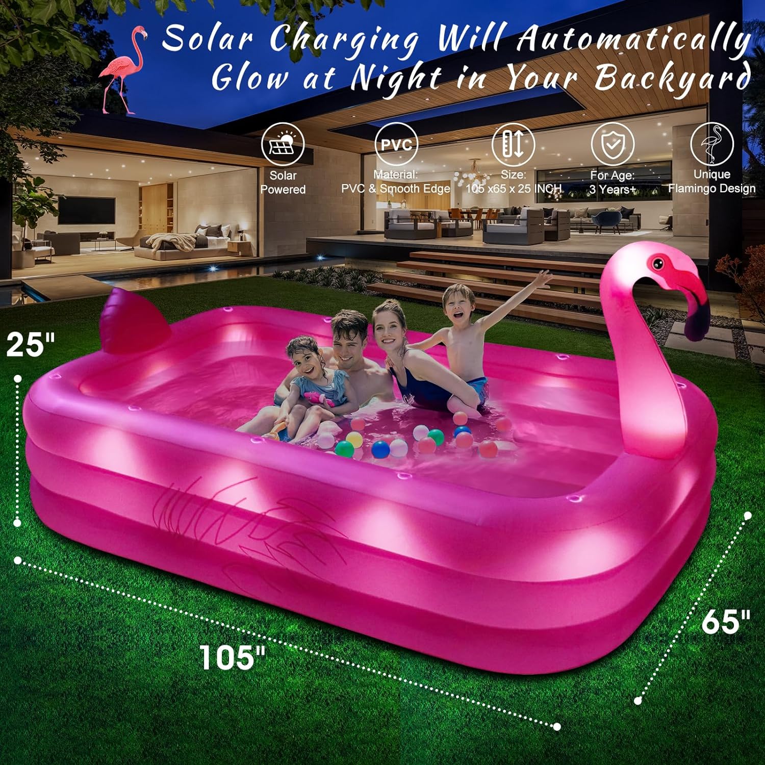 Inflatable Pool with Lights, Solar Flamingo Swimming Pool for Kids,Adults Inflatable Blow up Pool, Large Kiddie Pool, Durable Thickened Inflatable Family Pool for Backyard,Outdoor,105"x65"x25" - Image 2
