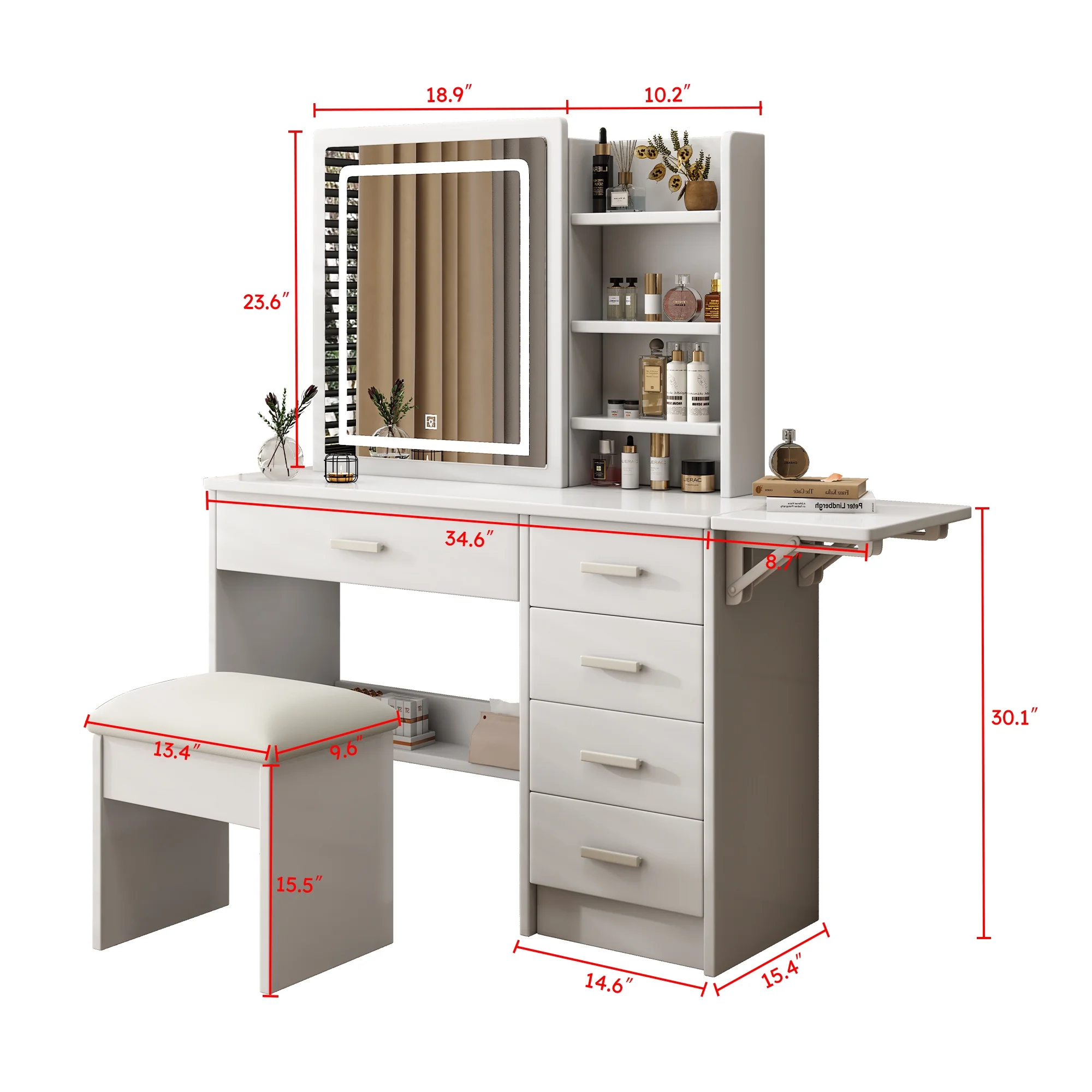 Montary Modern Mini Vanity w/Adjustable LED Mirror + Hidden Storage, Padded Stool & Dustproof Shelves (White) - Image 61
