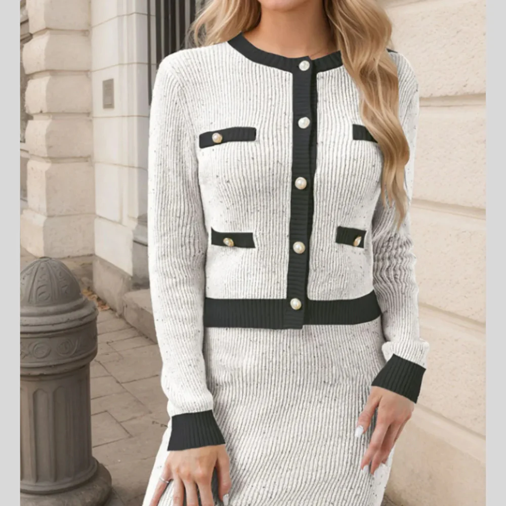 Contrast Trim Ribbed Top and Skirt Sweater Set - ZKZOOK