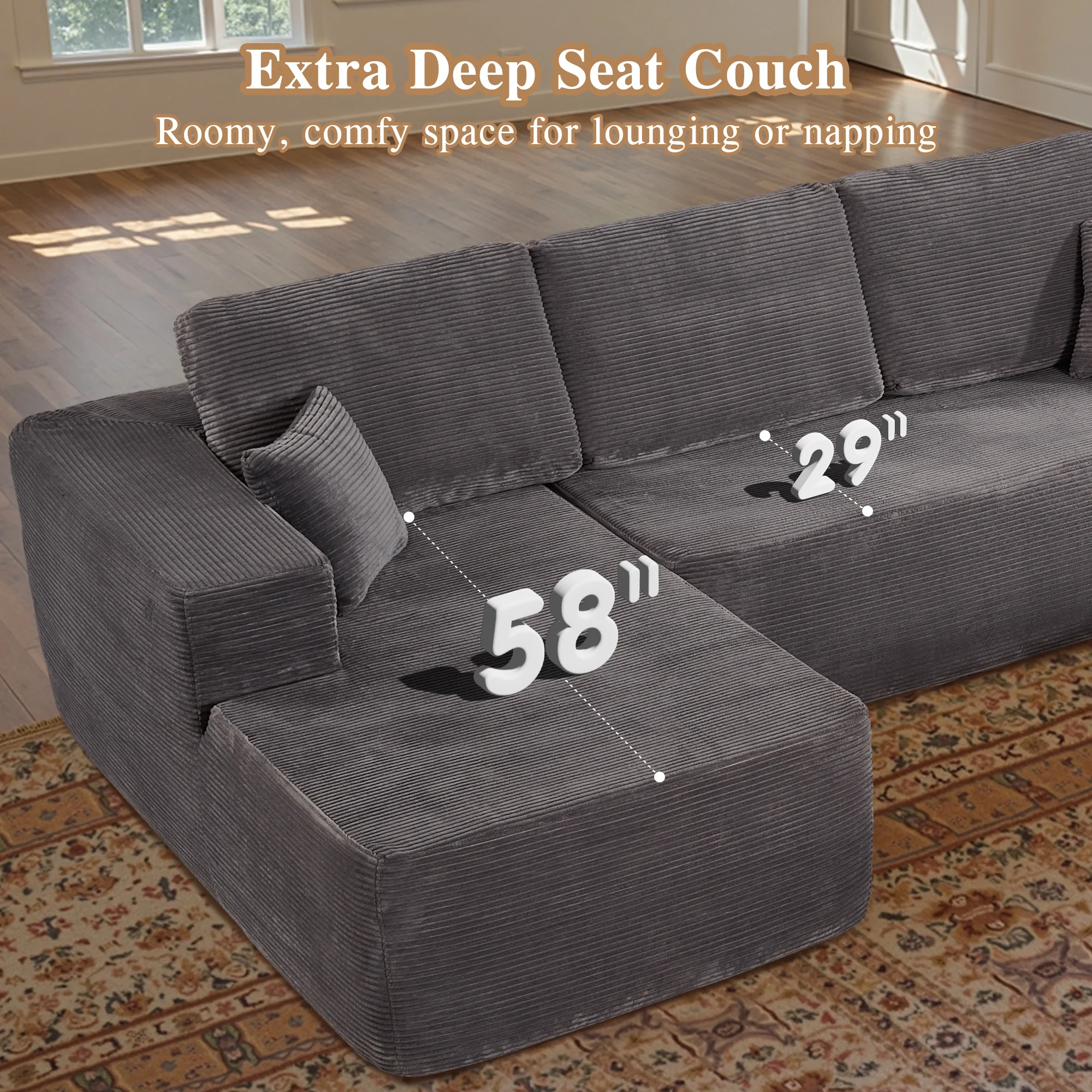 Ovios 106" L-Shaped Sectional Sofa Modern Modular Cloud Couch with Deep Seating Upholstered Sofa for Living Room Bedroom, No Assembly Required, Black(Corduroy) - Image 30