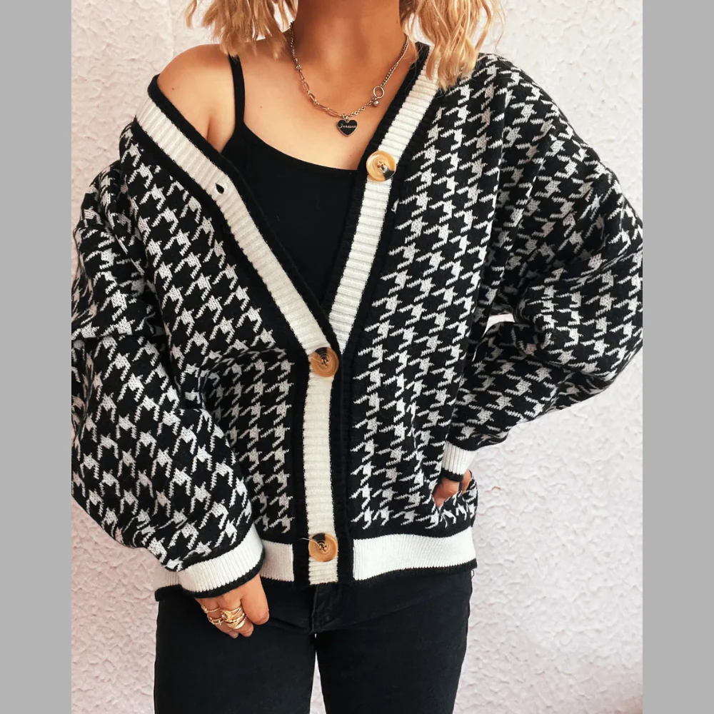 Houndstooth Pattern V-Neck Button-Up Cardigan - ZKZOOK
