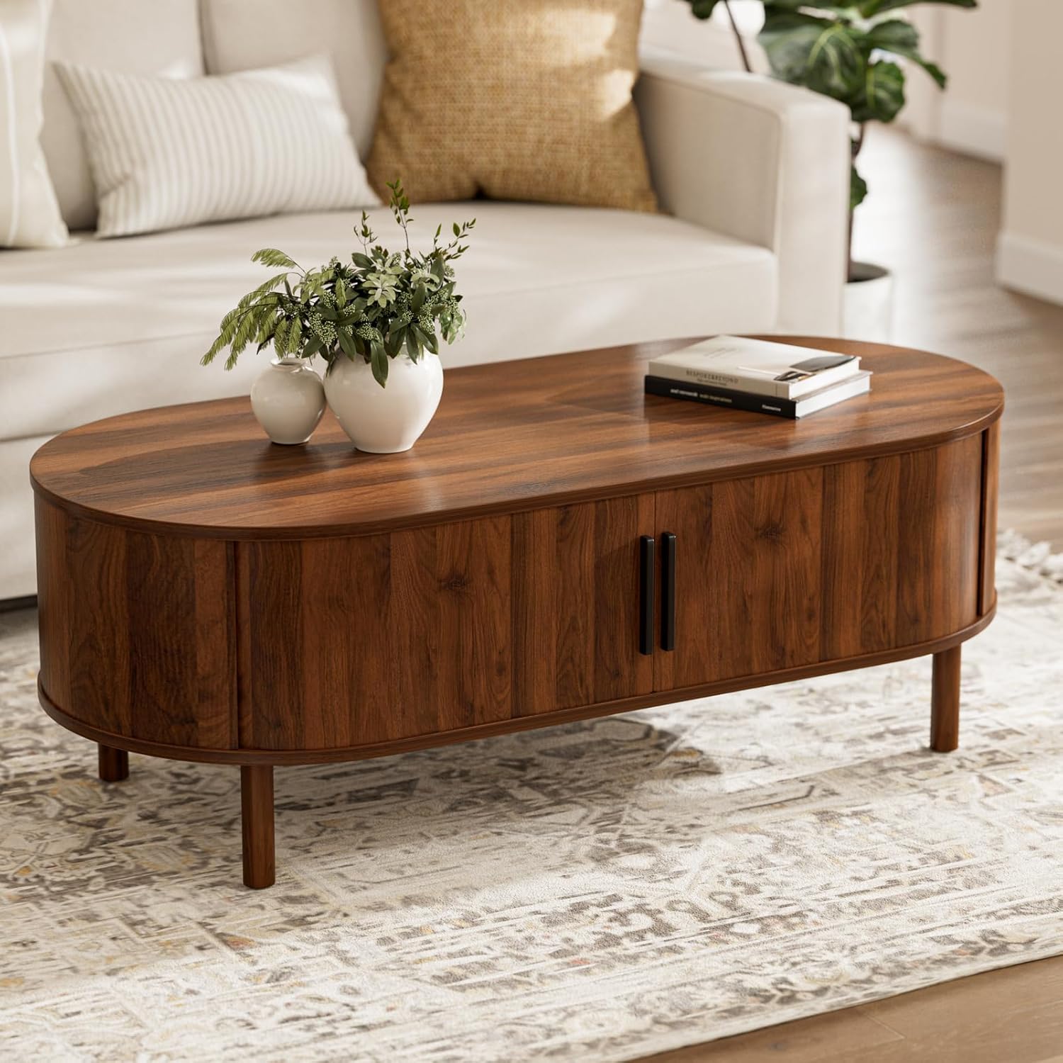 ZttRiee Coffee Table for Living Room, Modern Oval Coffee Table with Cabinets & Sliding Doors, Home Small Space, 47.2