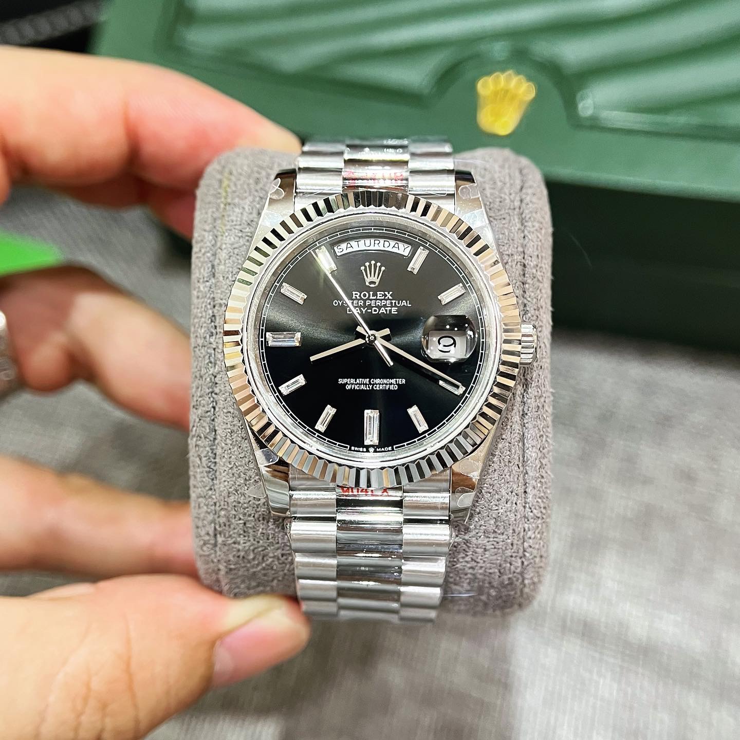 Rolex Replica 1:1 Watch Day-Date 228236 Black Dial With Stone Number GM Factory 40mm - Elite Watch Atelier
