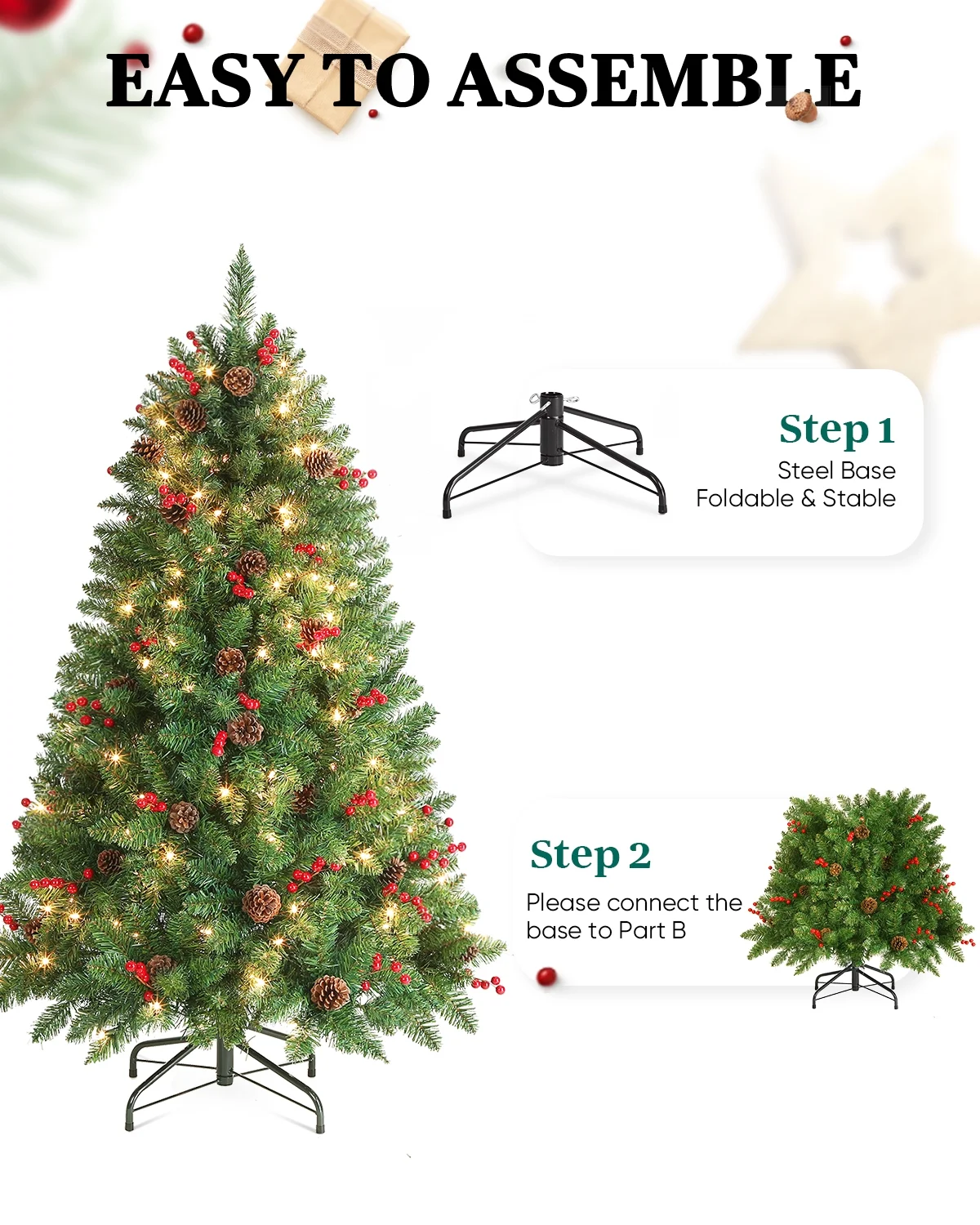 Jostyle 4.5FT Pre-Lit Christmas Tree, Decorated with 300 Clear Lights and Realistic 516 Thicken Tips