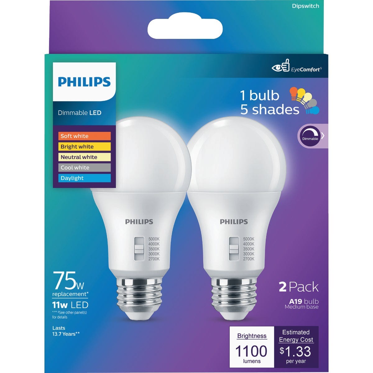 Philips 75W Equivalent 5 CCT A19 Medium Dimmable LED Light Bulb (2-Pack)