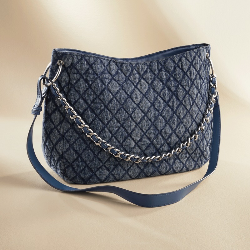 Quilted Denim Hobo Bag – Diamond-Stitch Shoulder Purse with Chain and Crossbody Strap for Women - MIDNIGHT VELVET CATALOG