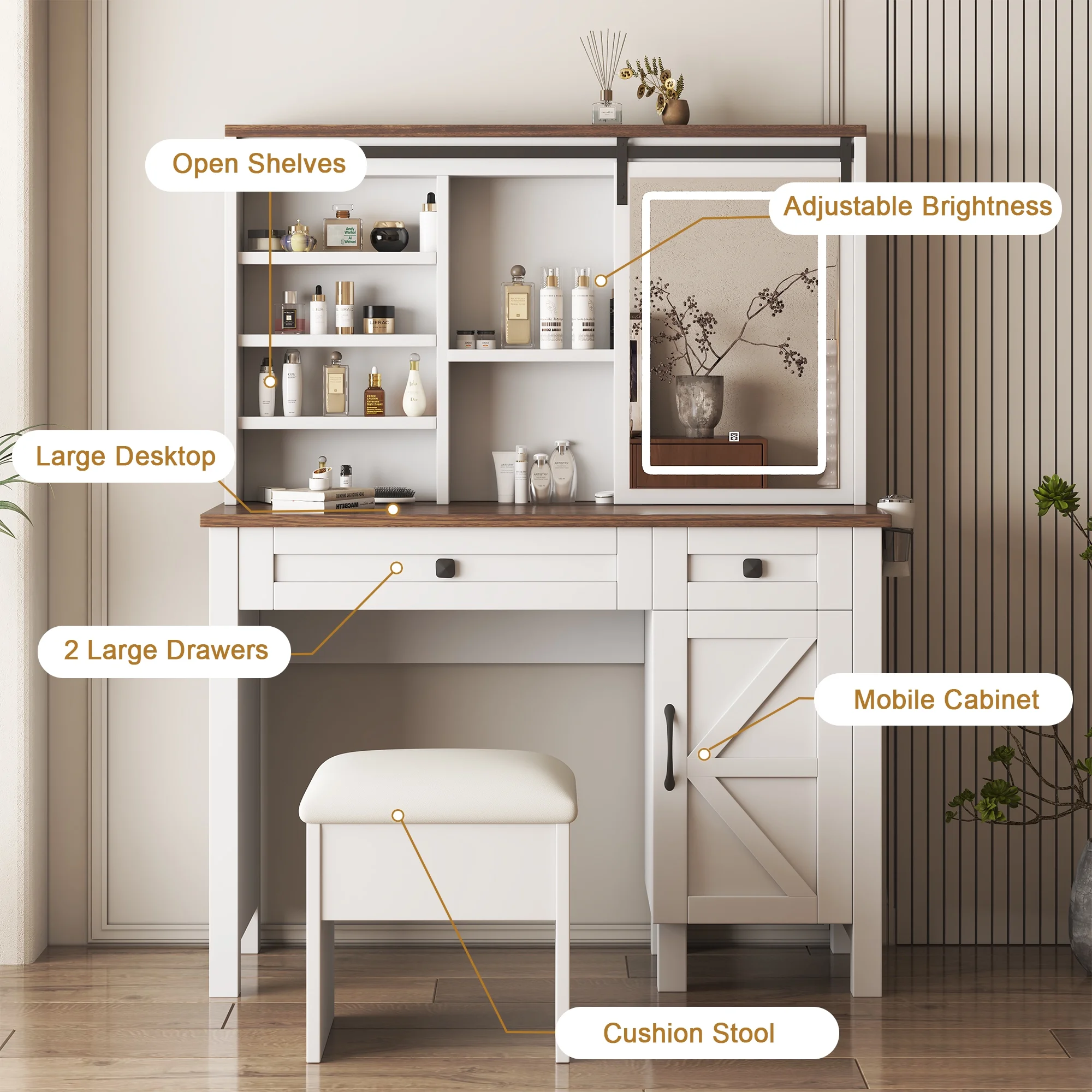 Montary Modern Mini Vanity w/Adjustable LED Mirror + Hidden Storage, Padded Stool & Dustproof Shelves (White) - Image 83