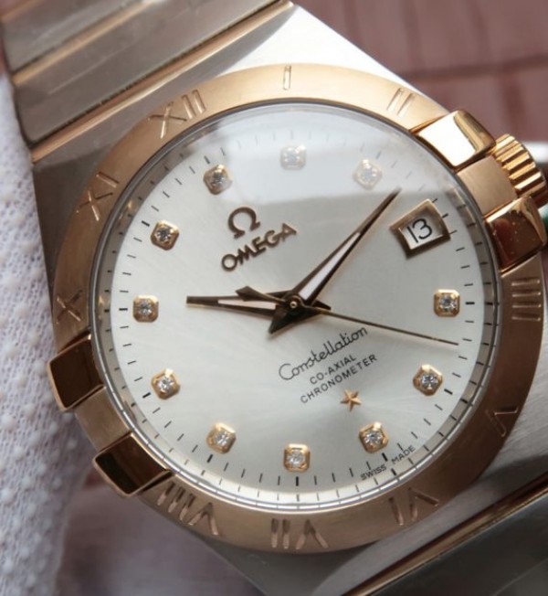 Replica Omega V6 Constellation 35mm White Dial YG Bezel Diamonds Markers SS Bracelet A2500 - Top club