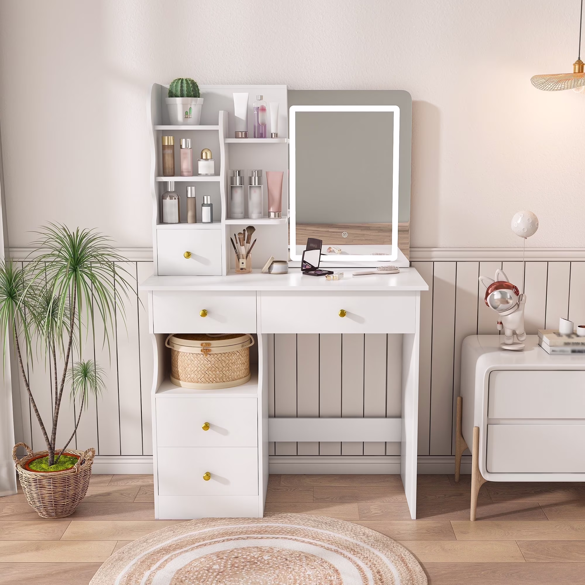 Montary Modern Mini Vanity w/Adjustable LED Mirror + Hidden Storage, Padded Stool & Dustproof Shelves (White) - Image 5